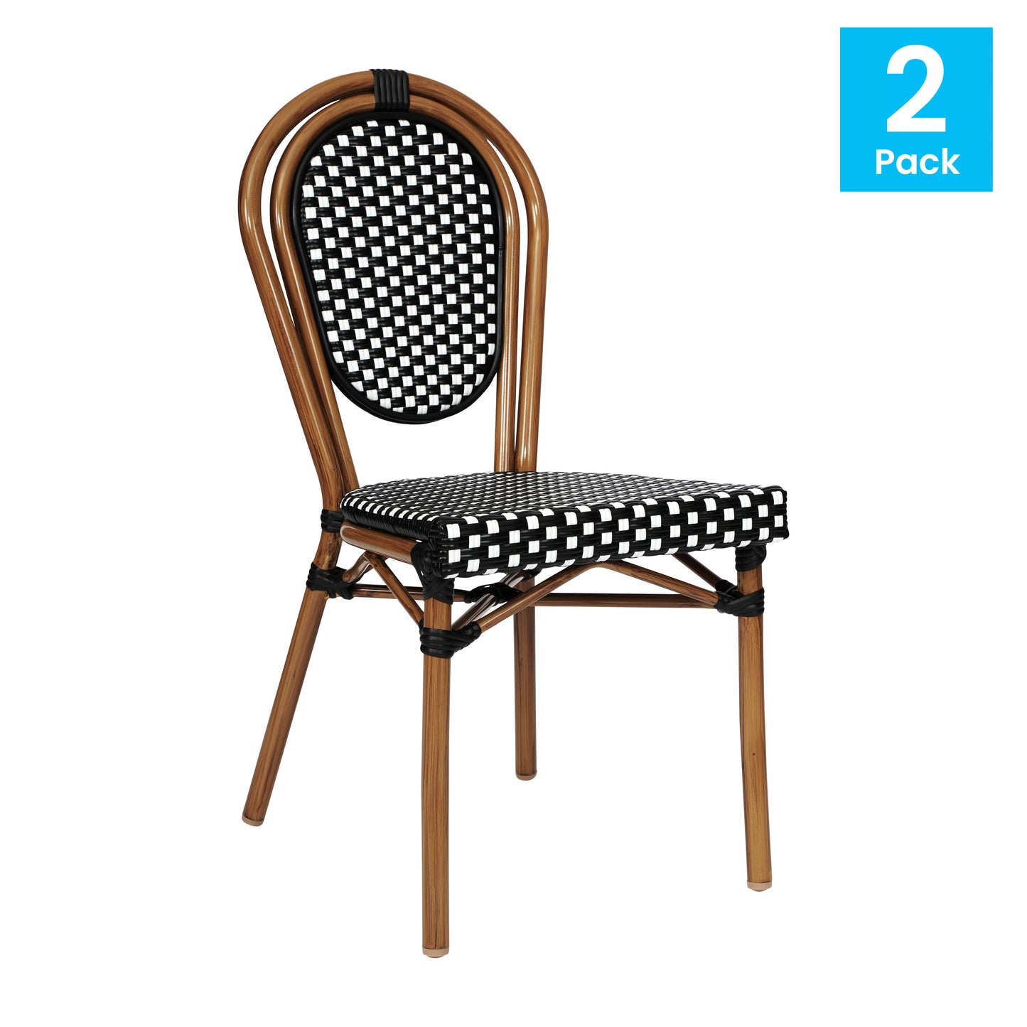 2 Pack Lourdes Indoor/Outdoor Commercial Thonet Bistro Stack Chair Natural/White PE Rattan and Bamboo Aluminum Frame in Natural Black & White/Natural Frame