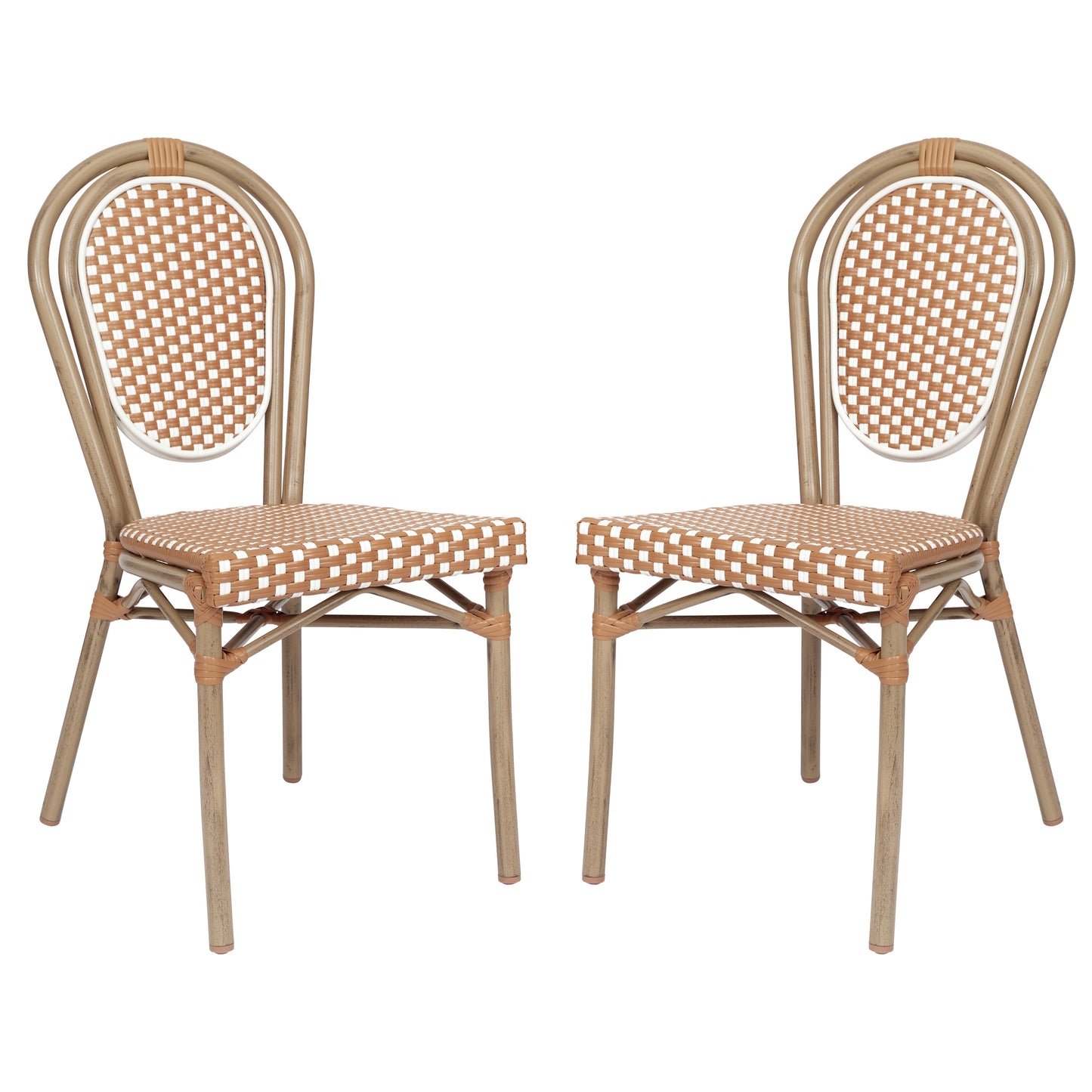 2 Pack Lourdes Indoor/Outdoor Commercial Thonet Bistro Stacking Chair, Natural/White PE Rattan and Bamboo Print Aluminum Frame in Light Natural Natural & White/Light Natural Frame 2-SDA-AD642002S-NATWH-LTNAT-GG