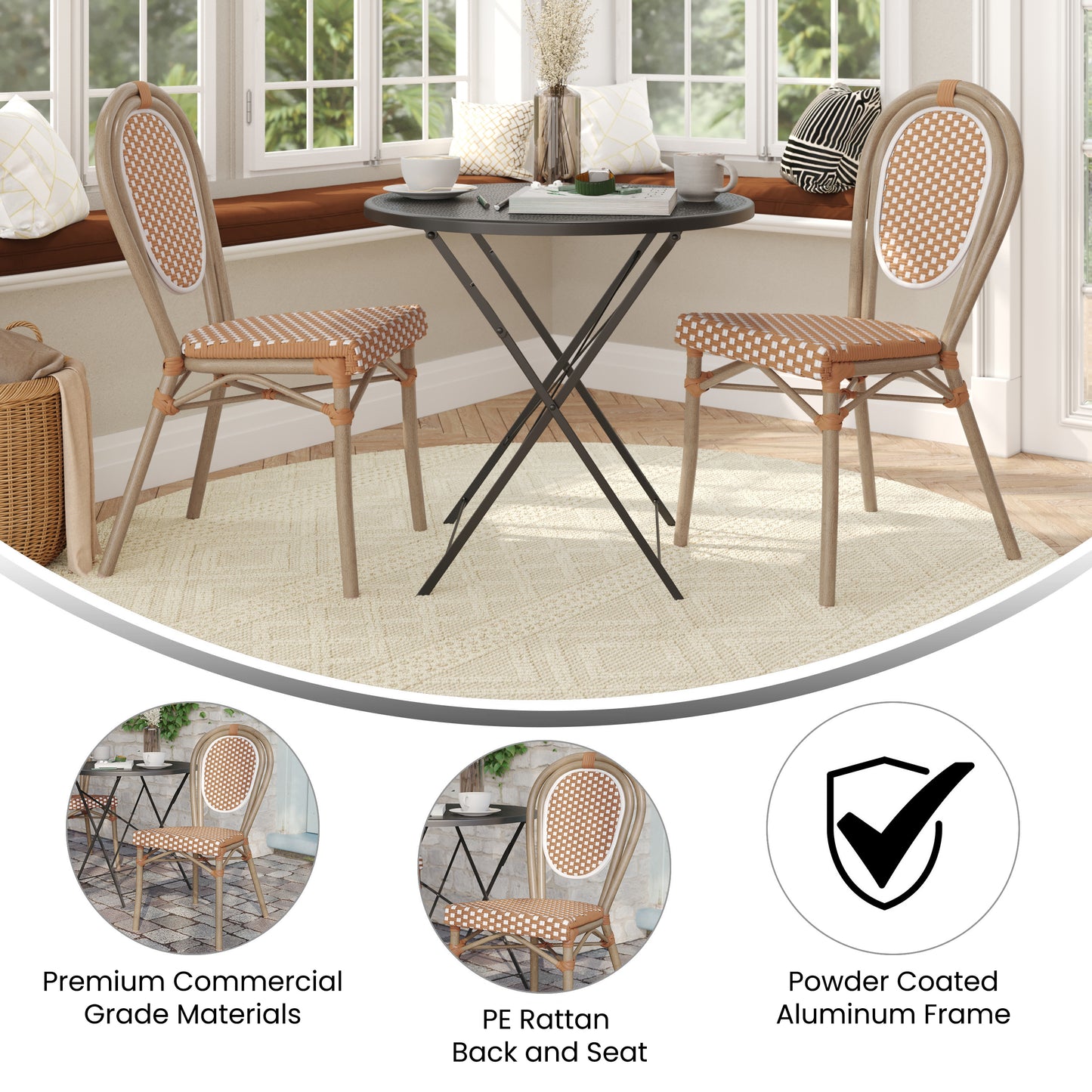 2 Pack Lourdes Indoor/Outdoor Commercial Thonet Bistro Stacking Chair, Natural/White PE Rattan and Bamboo Print Aluminum Frame in Light Natural Natural & White/Light Natural Frame 2-SDA-AD642002S-NATWH-LTNAT-GG