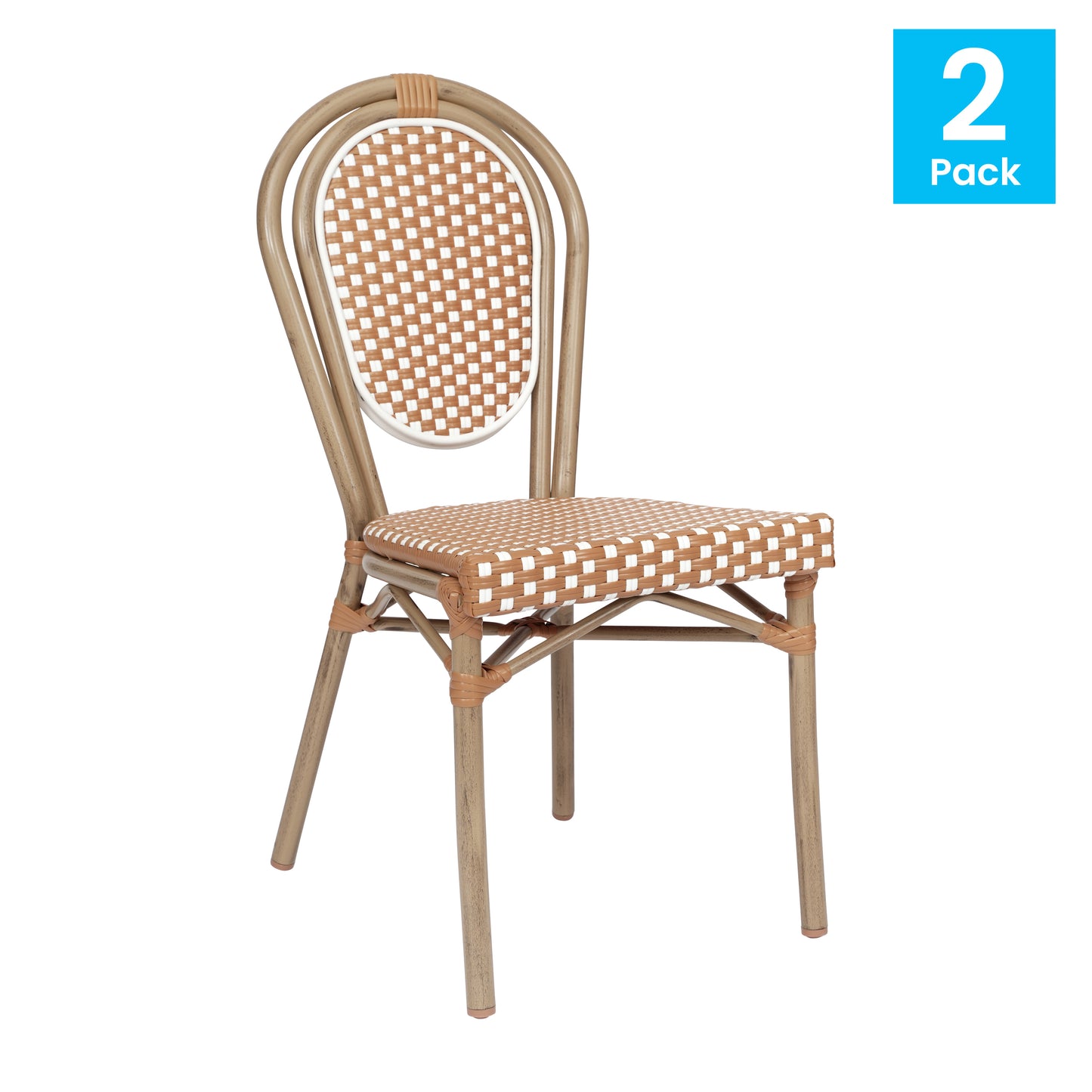 2 Pack Lourdes Indoor/Outdoor Commercial Thonet Bistro Stacking Chair, Natural/White PE Rattan and Bamboo Print Aluminum Frame in Light Natural Natural & White/Light Natural Frame 2-SDA-AD642002S-NATWH-LTNAT-GG