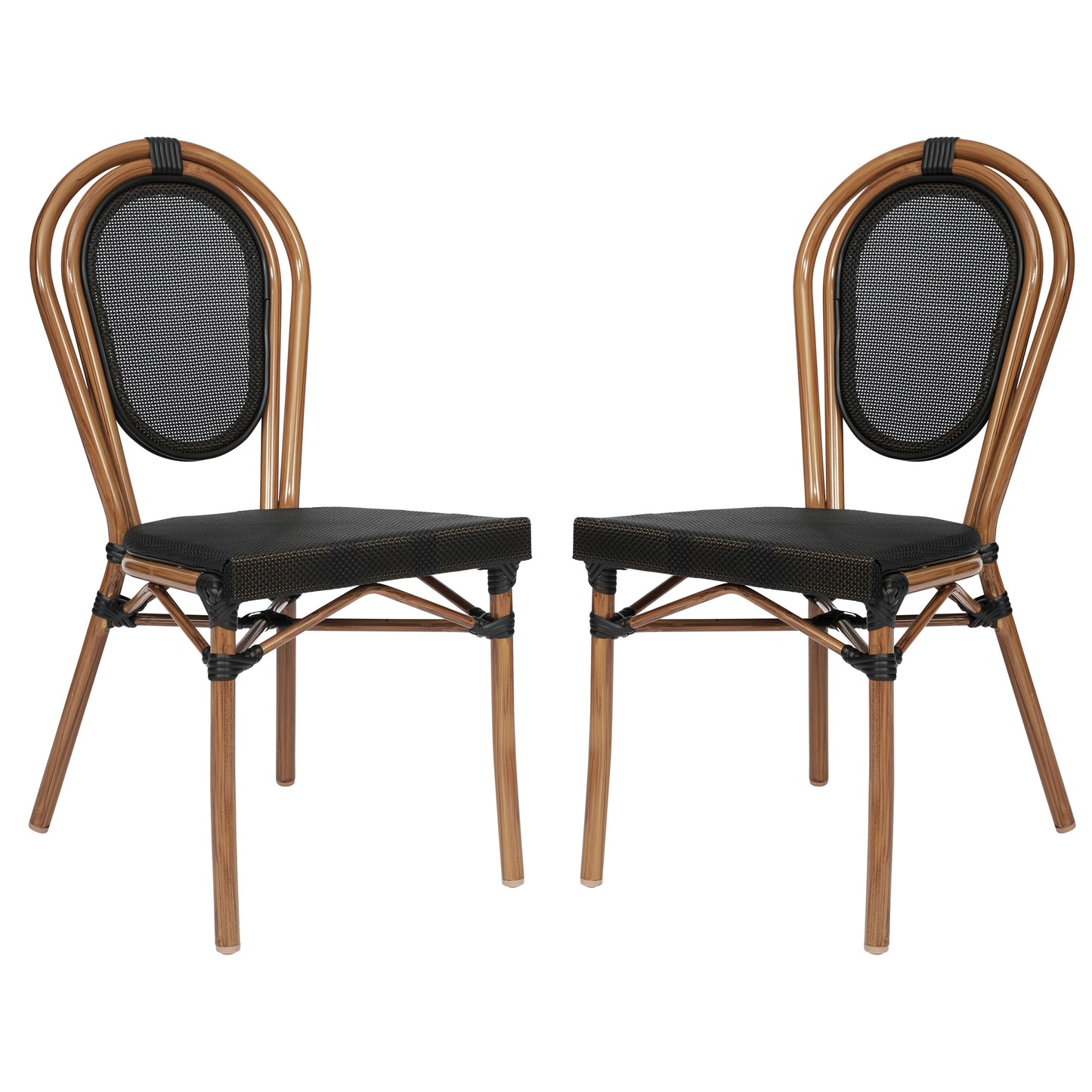 2 Pack Marseille Indoor/Outdoor Commercial Thonet Bistro Stacking Chair, Black Textilene and Bamboo Print Aluminum Frame in Natural Black/Natural Frame 2-SDA-AD642002S-TXT-BK-NAT-GG