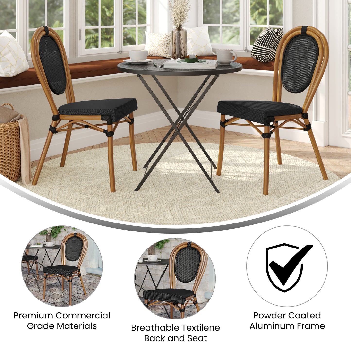 2 Pack Marseille Indoor/Outdoor Commercial Thonet Bistro Stacking Chair, Black Textilene and Bamboo Print Aluminum Frame in Natural Black/Natural Frame 2-SDA-AD642002S-TXT-BK-NAT-GG