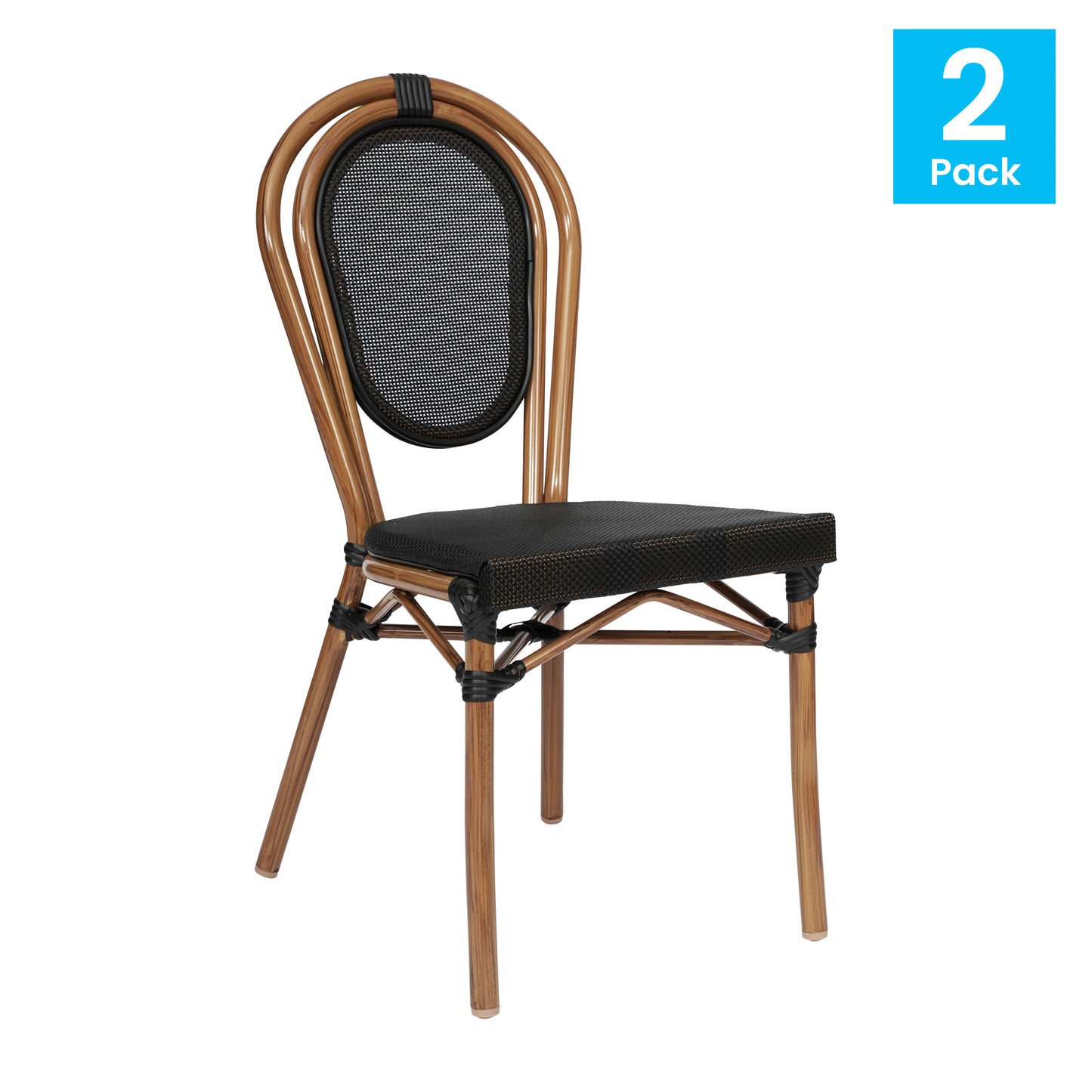 2 Pack Marseille Indoor/Outdoor Commercial Thonet Bistro Stacking Chair, Black Textilene and Bamboo Print Aluminum Frame in Natural Black/Natural Frame 2-SDA-AD642002S-TXT-BK-NAT-GG