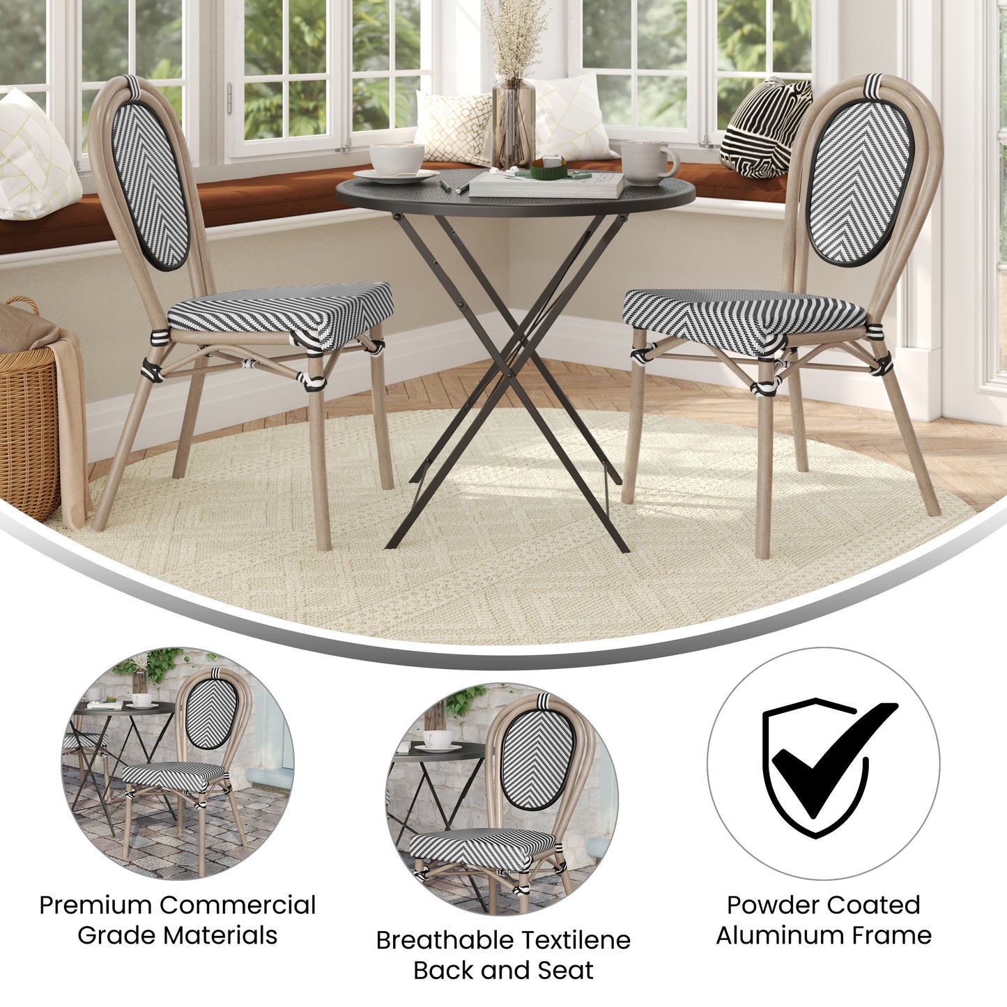 2 Pack Marseille Indoor/Outdoor Commercial Thonet Bistro Stacking Chair, Black/White Textilene and Bamboo Print Aluminum Frame in LT Natural Black & White/Light Natural Frame 2-SDA-AD642002S-TXT-BLKWH-LTNAT-GG