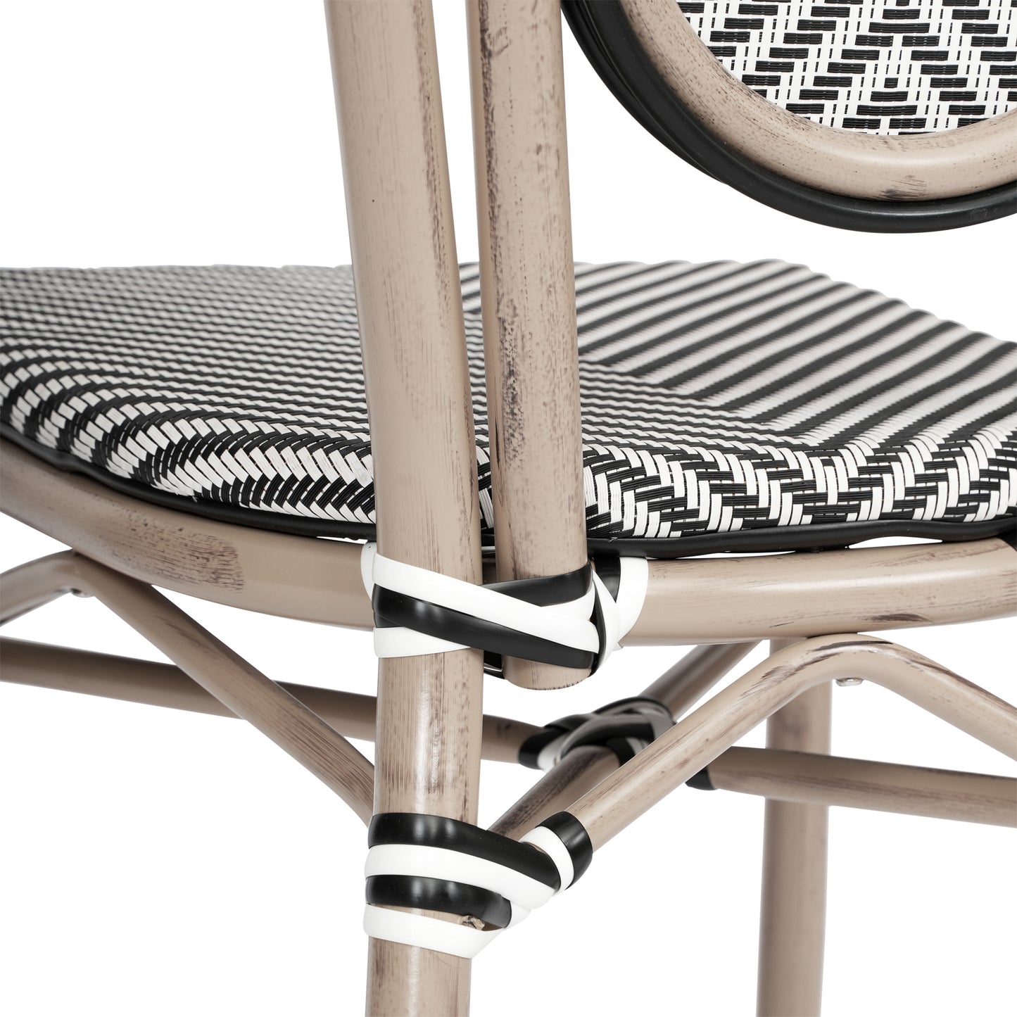 2 Pack Marseille Indoor/Outdoor Commercial Thonet Bistro Stacking Chair, Black/White Textilene and Bamboo Print Aluminum Frame in LT Natural Black & White/Light Natural Frame 2-SDA-AD642002S-TXT-BLKWH-LTNAT-GG