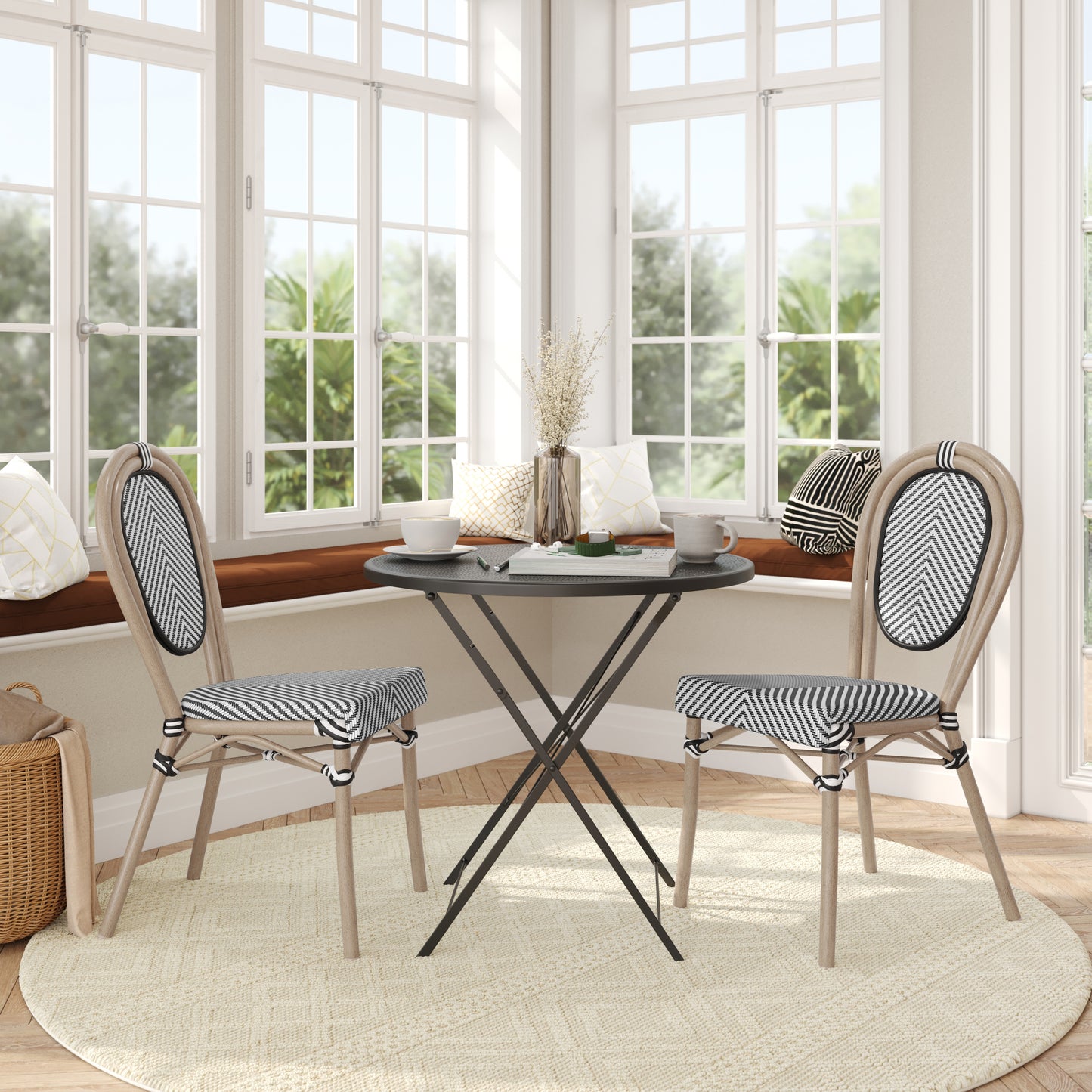 2 Pack Marseille Indoor/Outdoor Commercial Thonet Bistro Stacking Chair, Black/White Textilene and Bamboo Print Aluminum Frame in LT Natural Black & White/Light Natural Frame 2-SDA-AD642002S-TXT-BLKWH-LTNAT-GG