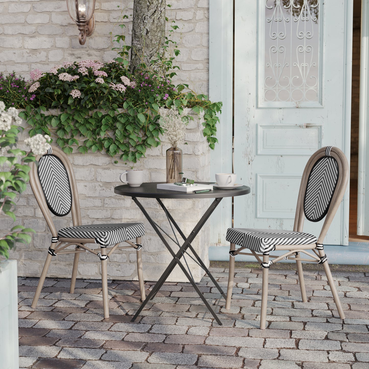 2 Pack Marseille Indoor/Outdoor Commercial Thonet Bistro Stacking Chair, Black/White Textilene and Bamboo Print Aluminum Frame in LT Natural Black & White/Light Natural Frame 2-SDA-AD642002S-TXT-BLKWH-LTNAT-GG