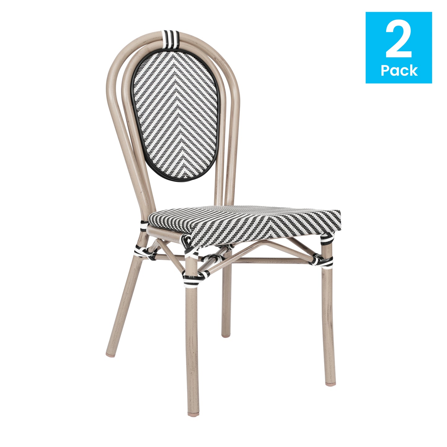 2 Pack Marseille Indoor/Outdoor Commercial Thonet Bistro Stacking Chair, Black/White Textilene and Bamboo Print Aluminum Frame in LT Natural Black & White/Light Natural Frame 2-SDA-AD642002S-TXT-BLKWH-LTNAT-GG