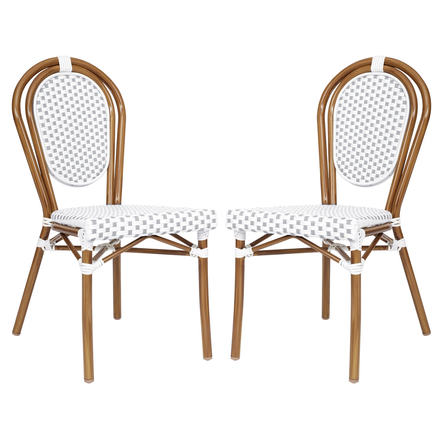 2 Pack Lourdes Indoor/Outdoor Commercial Thonet Bistro Stacking Chair, White and Gray PE Rattan and Bamboo Print Aluminum Frame in Natural White & Gray/Natural Frame