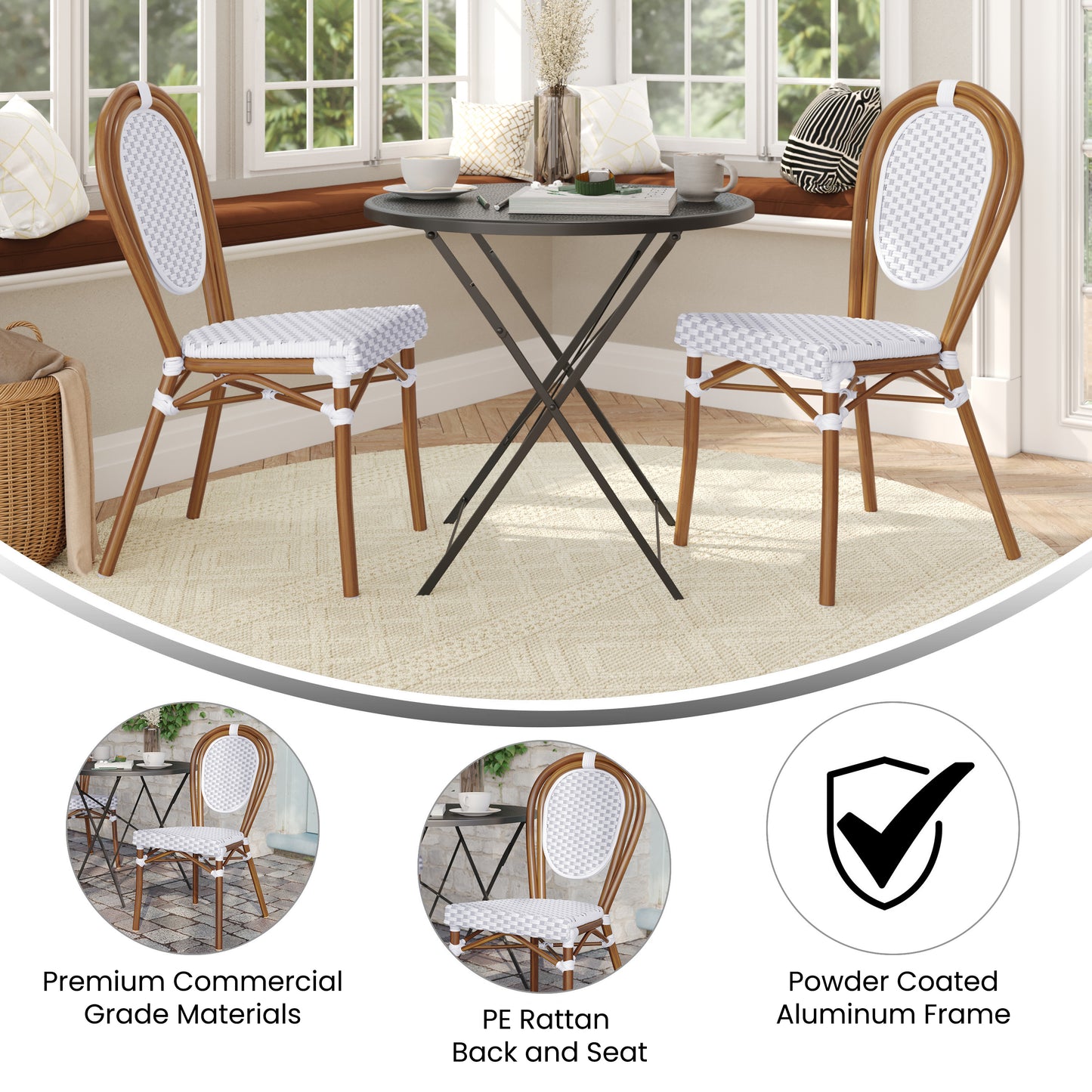 2 Pack Lourdes Indoor/Outdoor Commercial Thonet Bistro Stacking Chair, White and Gray PE Rattan and Bamboo Print Aluminum Frame in Natural White & Gray/Natural Frame