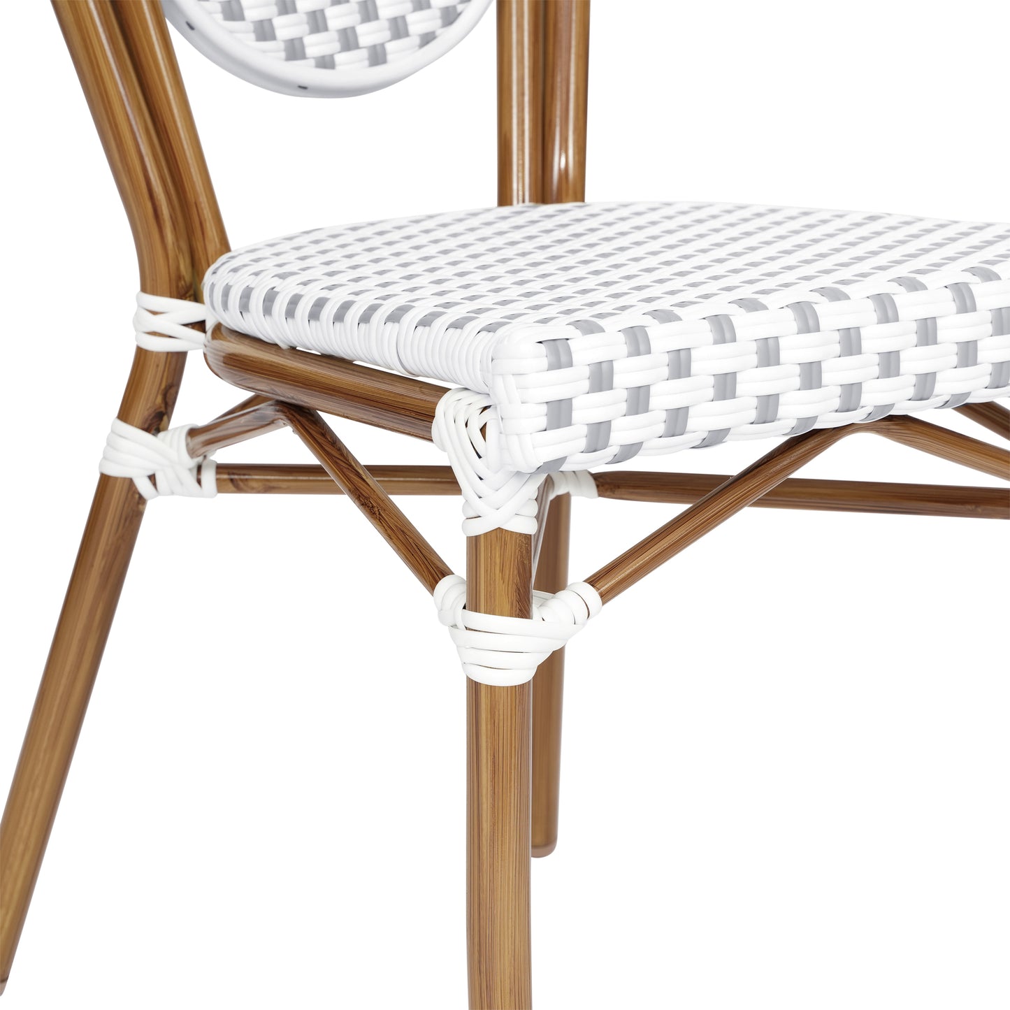 2 Pack Lourdes Indoor/Outdoor Commercial Thonet Bistro Stacking Chair, White and Gray PE Rattan and Bamboo Print Aluminum Frame in Natural White & Gray/Natural Frame