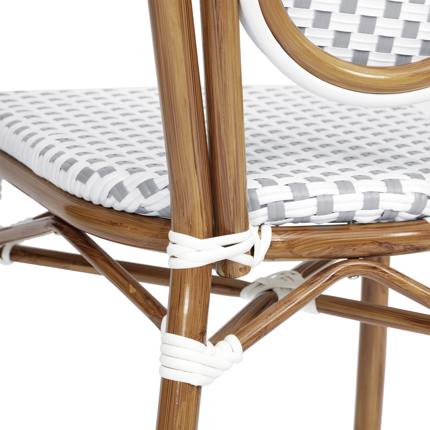 2 Pack Lourdes Indoor/Outdoor Commercial Thonet Bistro Stacking Chair, White and Gray PE Rattan and Bamboo Print Aluminum Frame in Natural White & Gray/Natural Frame