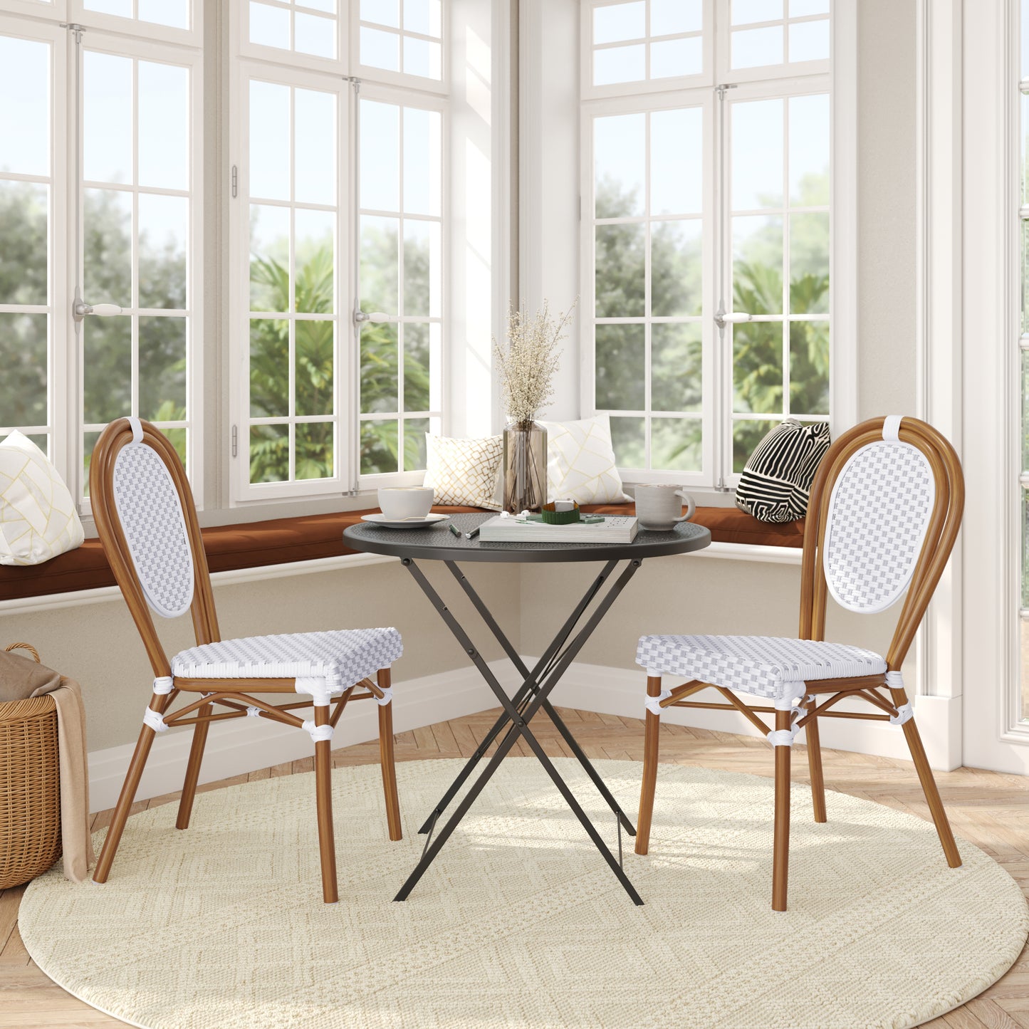 2 Pack Lourdes Indoor/Outdoor Commercial Thonet Bistro Stacking Chair, White and Gray PE Rattan and Bamboo Print Aluminum Frame in Natural White & Gray/Natural Frame