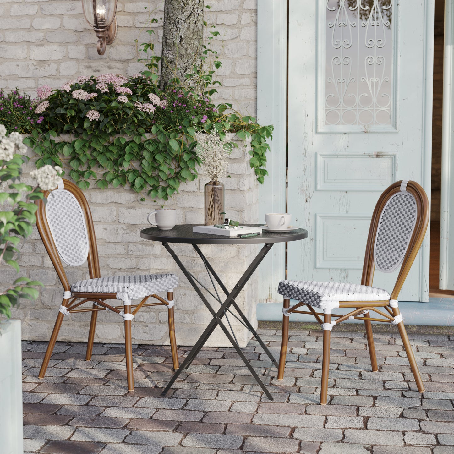 2 Pack Lourdes Indoor/Outdoor Commercial Thonet Bistro Stacking Chair, White and Gray PE Rattan and Bamboo Print Aluminum Frame in Natural White & Gray/Natural Frame