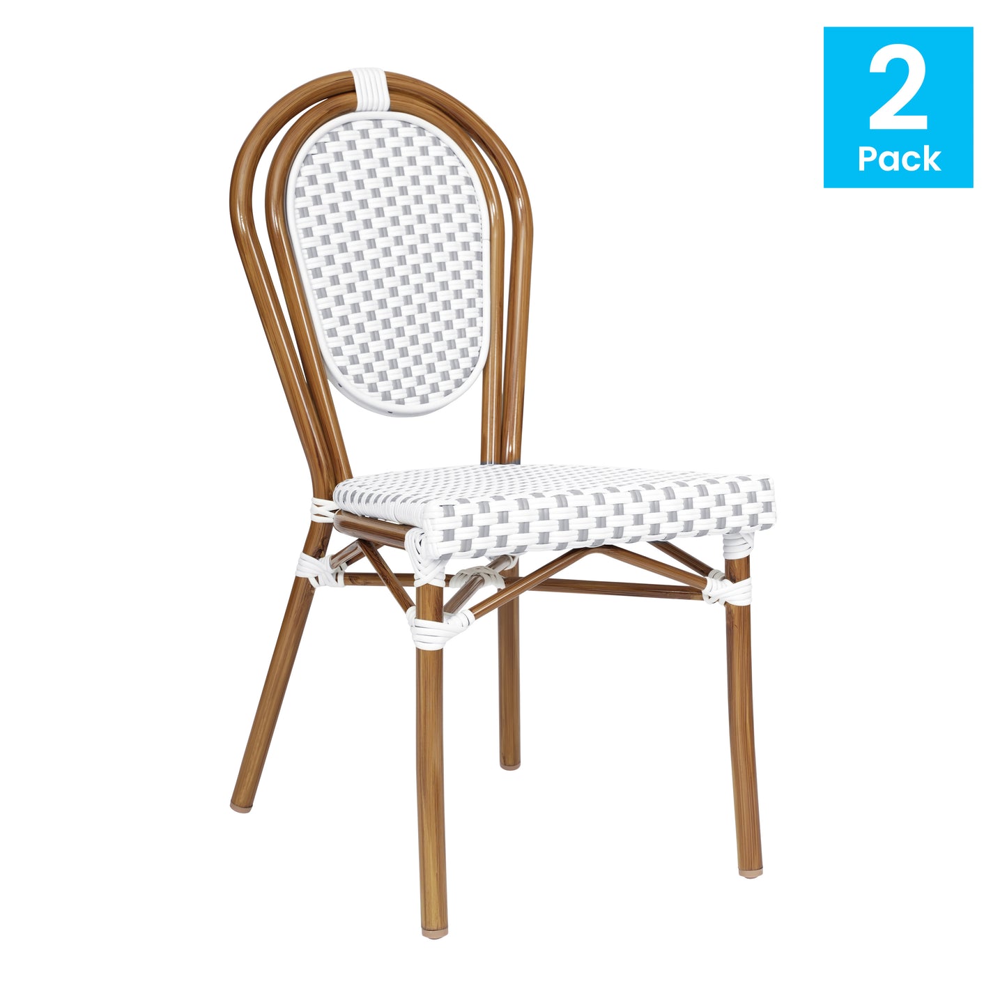 2 Pack Lourdes Indoor/Outdoor Commercial Thonet Bistro Stacking Chair, White and Gray PE Rattan and Bamboo Print Aluminum Frame in Natural White & Gray/Natural Frame