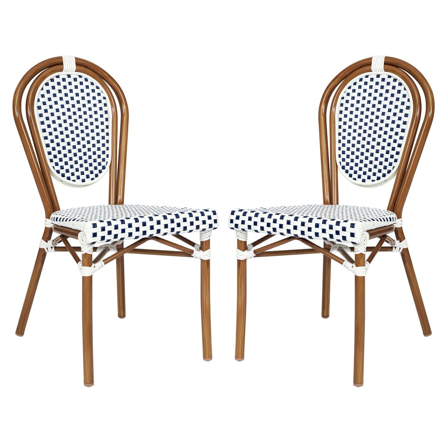 2 Pack Lourdes Indoor/Outdoor Commercial Thonet Bistro Stacking Chair, White and Navy PE Rattan and Bamboo Print Aluminum Frame in Natural White & Navy/Natural Frame