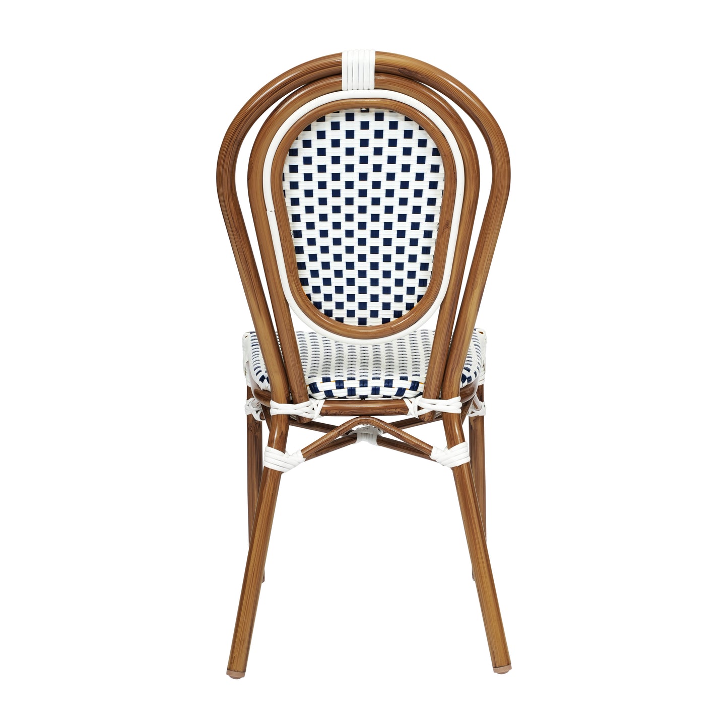 2 Pack Lourdes Indoor/Outdoor Commercial Thonet Bistro Stacking Chair, White and Navy PE Rattan and Bamboo Print Aluminum Frame in Natural White & Navy/Natural Frame