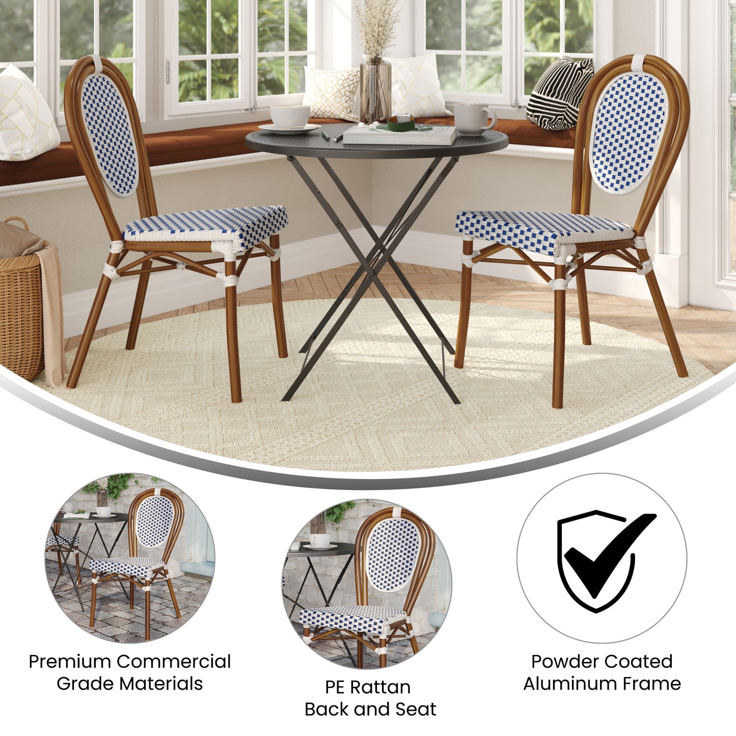 2 Pack Lourdes Indoor/Outdoor Commercial Thonet Bistro Stacking Chair, White and Navy PE Rattan and Bamboo Print Aluminum Frame in Natural White & Navy/Natural Frame
