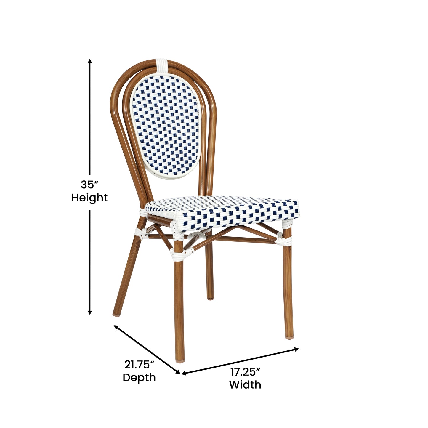 2 Pack Lourdes Indoor/Outdoor Commercial Thonet Bistro Stacking Chair, White and Navy PE Rattan and Bamboo Print Aluminum Frame in Natural White & Navy/Natural Frame