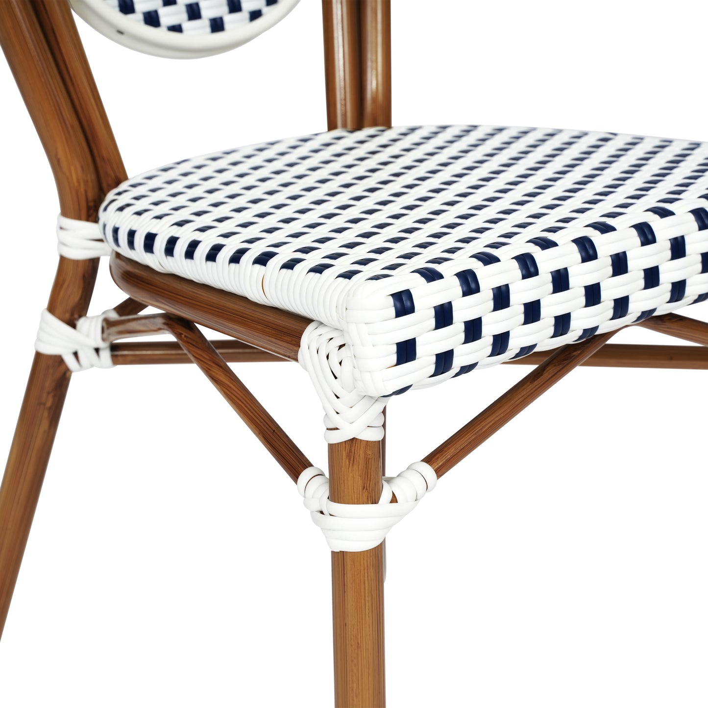 2 Pack Lourdes Indoor/Outdoor Commercial Thonet Bistro Stacking Chair, White and Navy PE Rattan and Bamboo Print Aluminum Frame in Natural White & Navy/Natural Frame