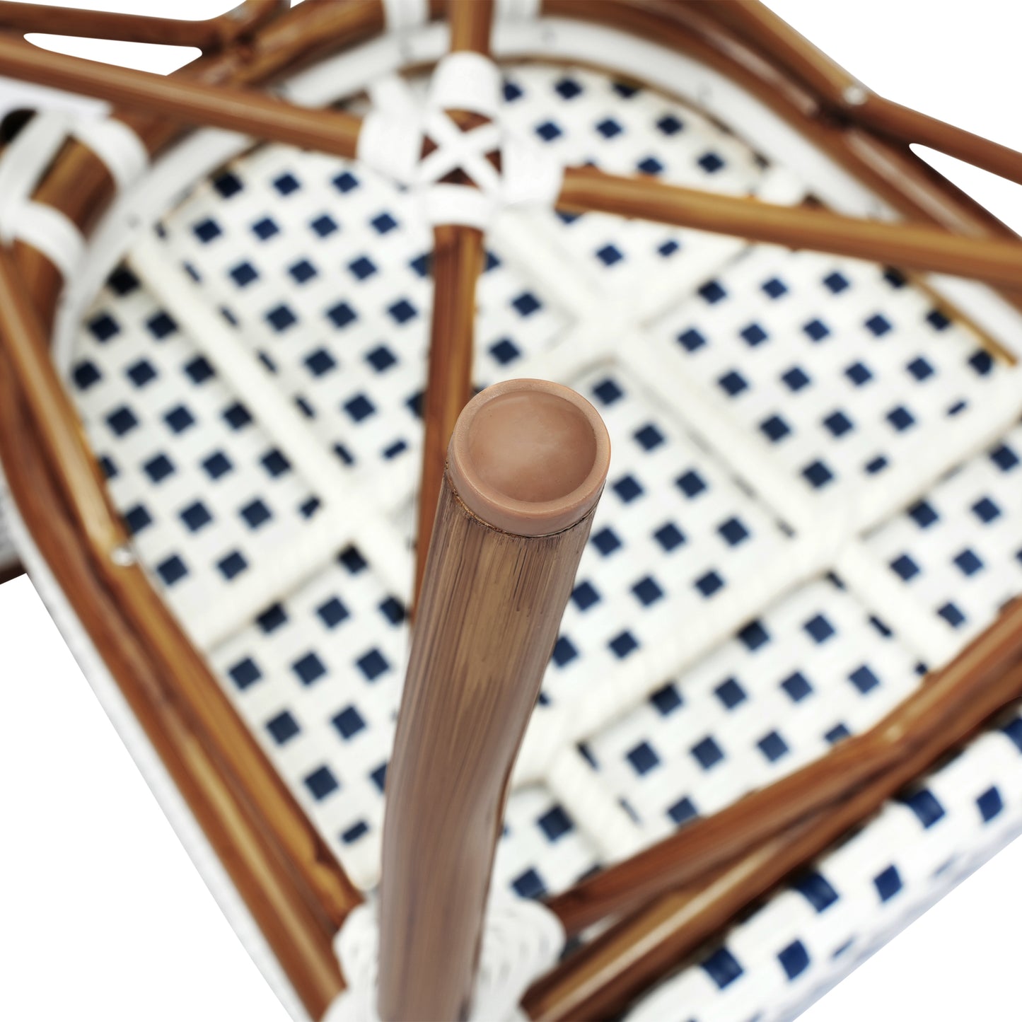 2 Pack Lourdes Indoor/Outdoor Commercial Thonet Bistro Stacking Chair, White and Navy PE Rattan and Bamboo Print Aluminum Frame in Natural White & Navy/Natural Frame