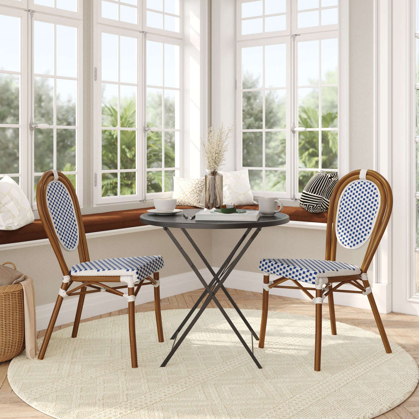 2 Pack Lourdes Indoor/Outdoor Commercial Thonet Bistro Stacking Chair, White and Navy PE Rattan and Bamboo Print Aluminum Frame in Natural White & Navy/Natural Frame