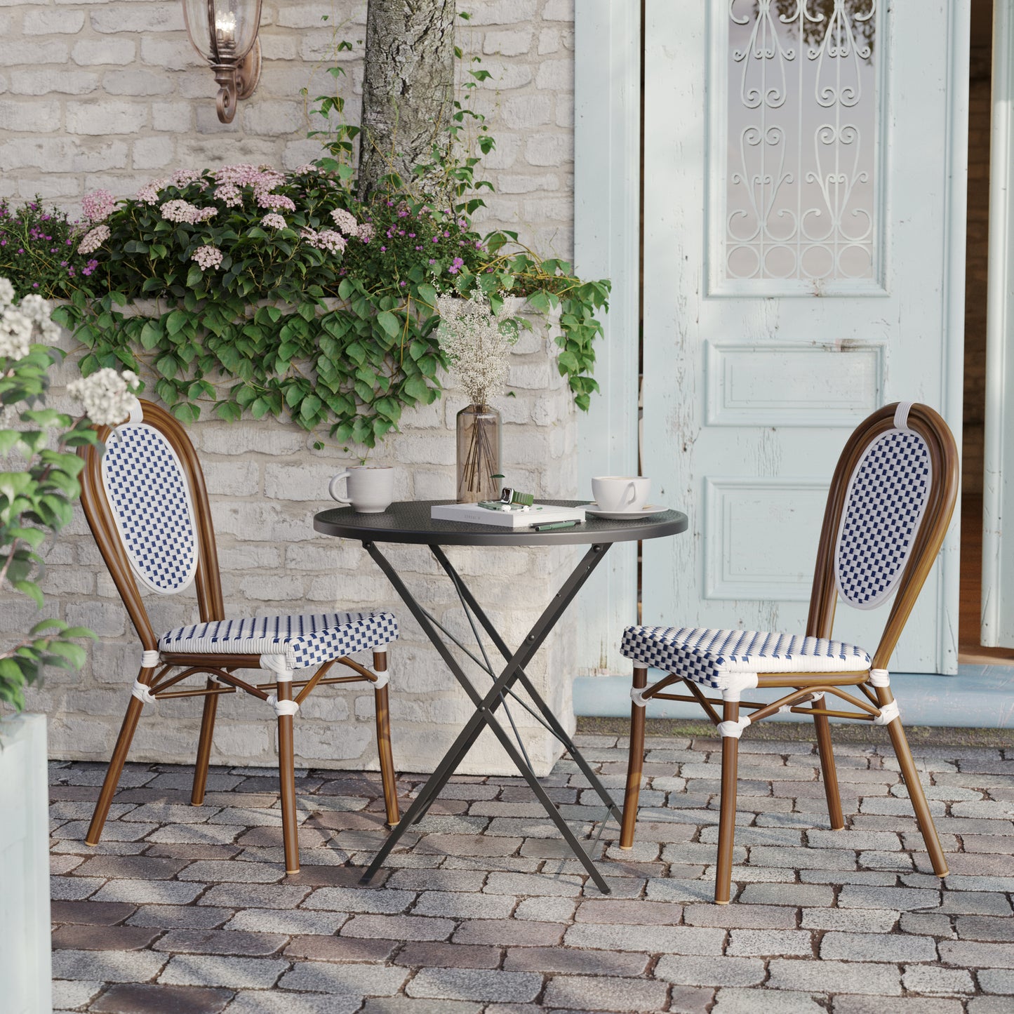 2 Pack Lourdes Indoor/Outdoor Commercial Thonet Bistro Stacking Chair, White and Navy PE Rattan and Bamboo Print Aluminum Frame in Natural White & Navy/Natural Frame