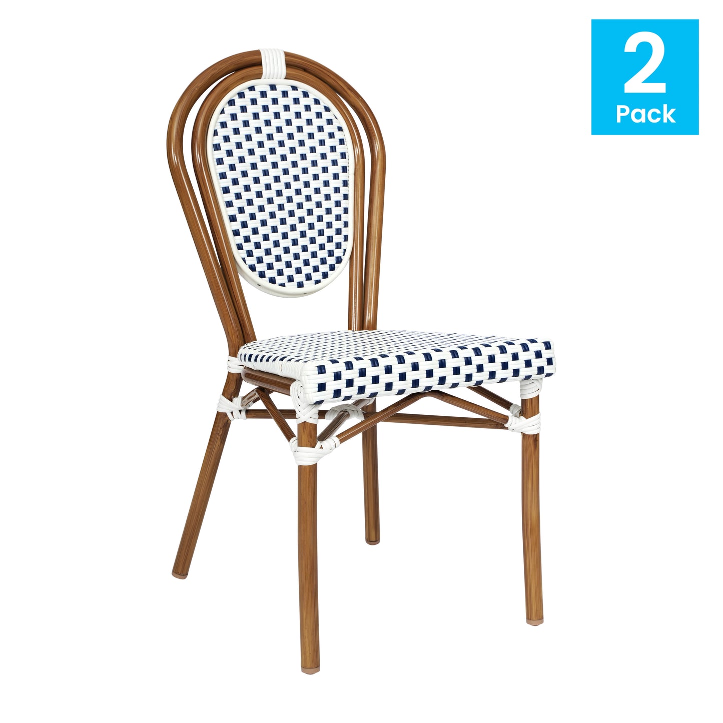 2 Pack Lourdes Indoor/Outdoor Commercial Thonet Bistro Stacking Chair, White and Navy PE Rattan and Bamboo Print Aluminum Frame in Natural White & Navy/Natural Frame