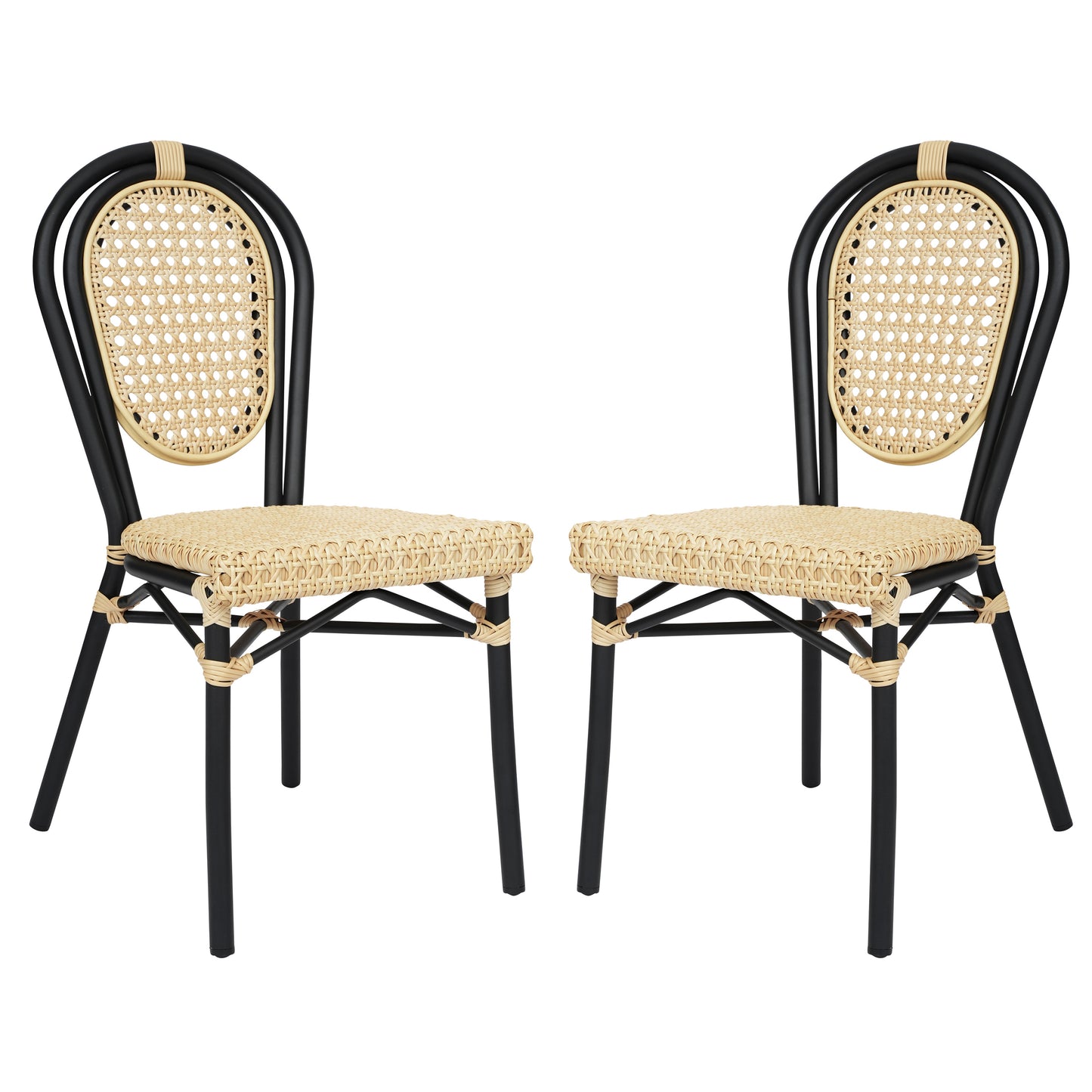 2 Pack Cannes Indoor/Outdoor Commercial Thonet Bistro Stacking Chair, Natural PE Cane Rattan and Black Aluminum Frame Natural/Black Frame 2-SDA-AD642110-1-NAT-BK-GG