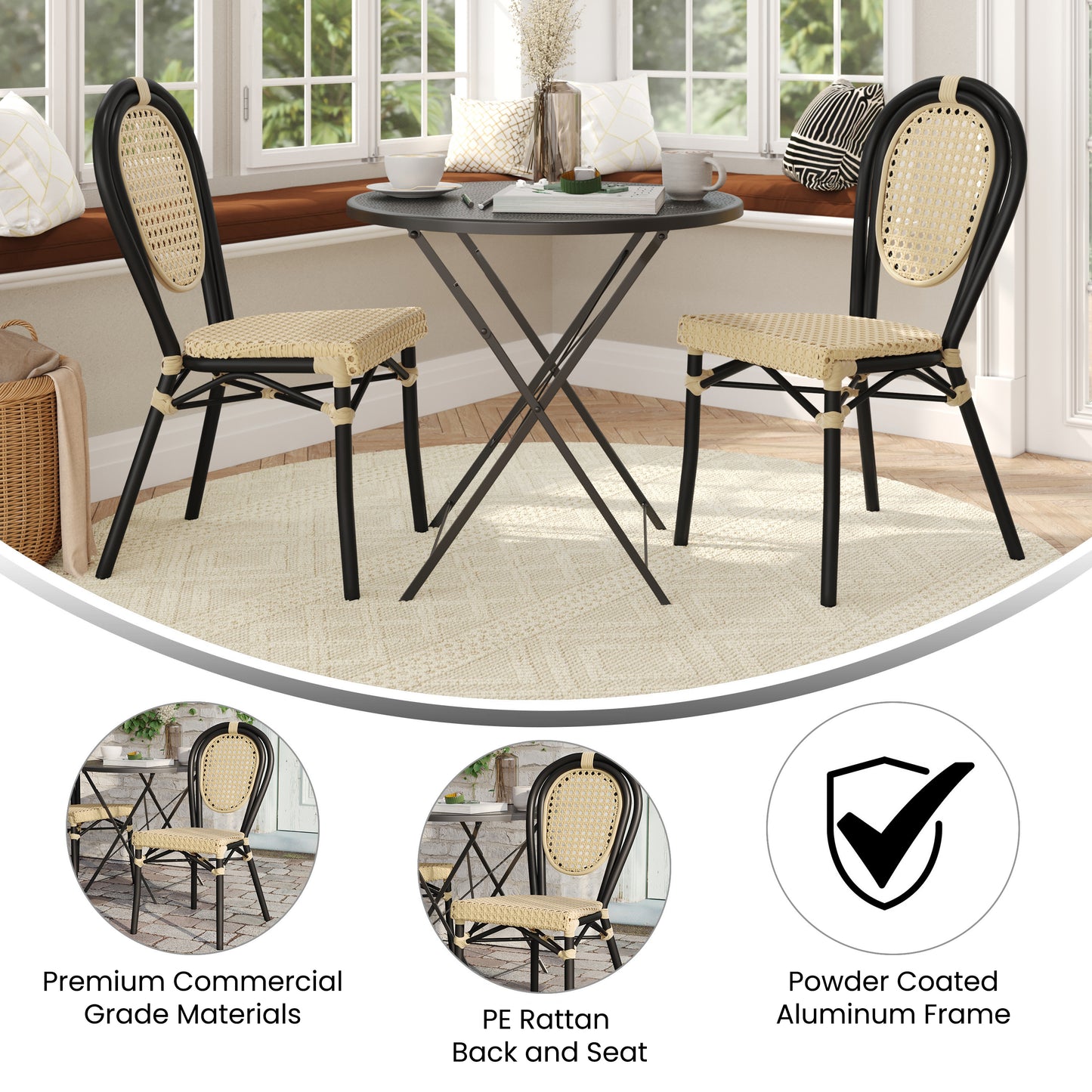 2 Pack Cannes Indoor/Outdoor Commercial Thonet Bistro Stacking Chair, Natural PE Cane Rattan and Black Aluminum Frame Natural/Black Frame 2-SDA-AD642110-1-NAT-BK-GG