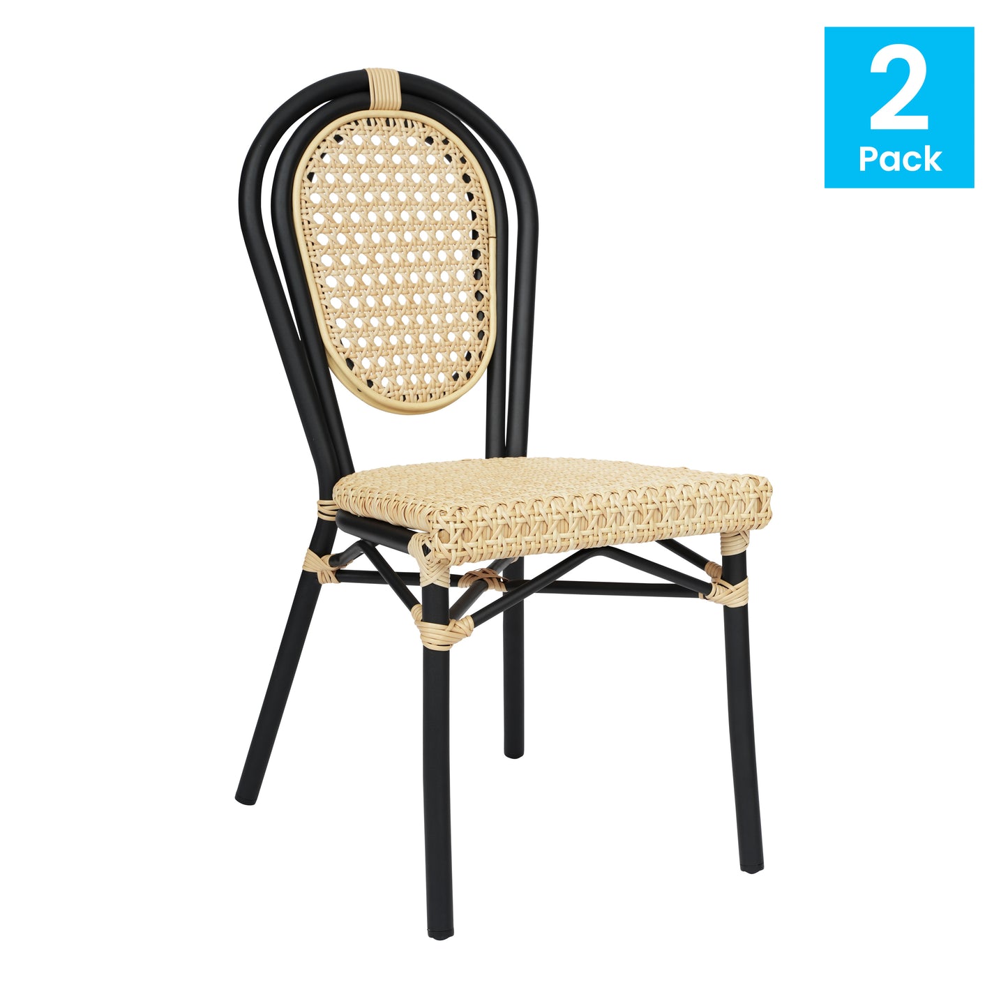 2 Pack Cannes Indoor/Outdoor Commercial Thonet Bistro Stacking Chair, Natural PE Cane Rattan and Black Aluminum Frame Natural/Black Frame 2-SDA-AD642110-1-NAT-BK-GG