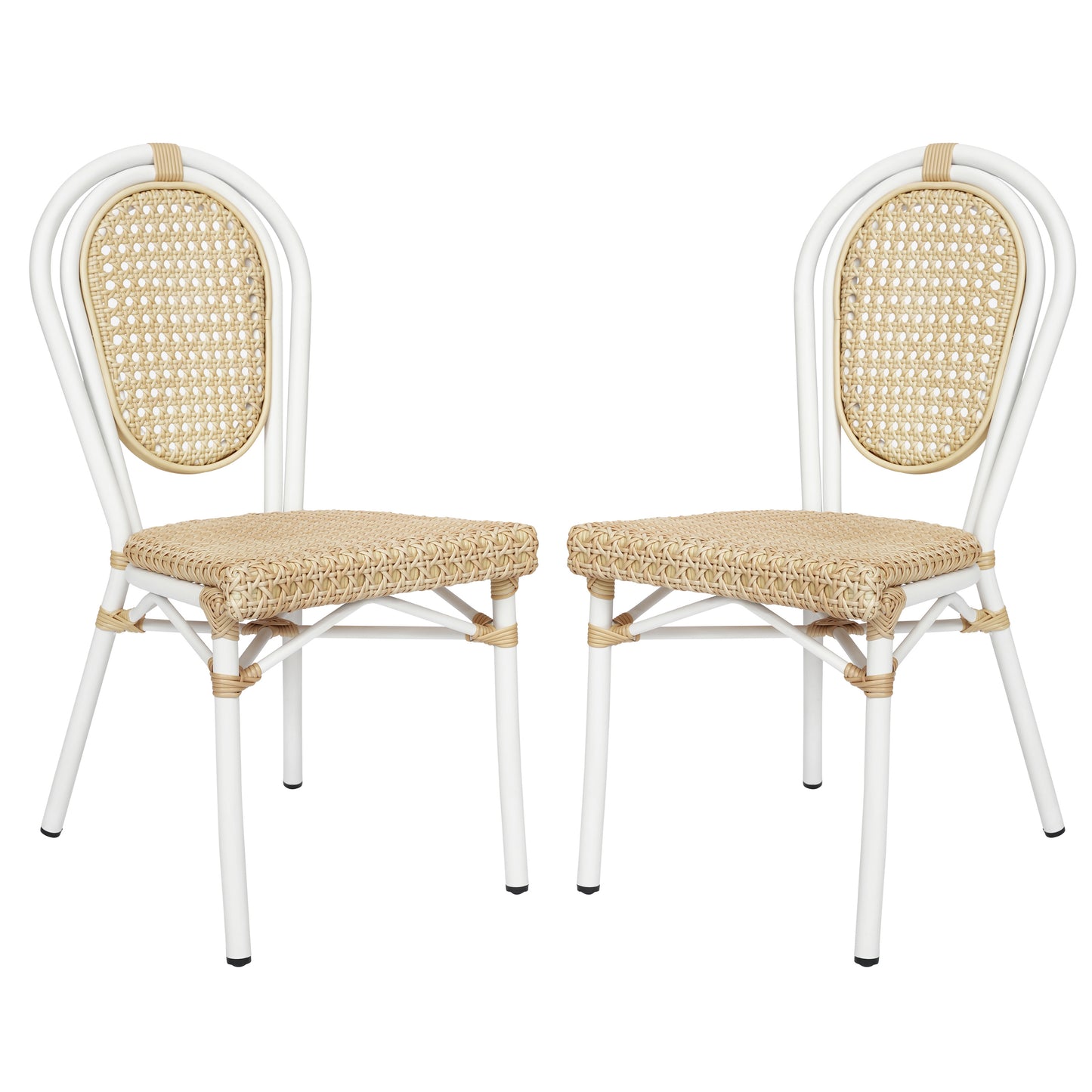 2 Pack Cannes Indoor/Outdoor Commercial Thonet Bistro Stacking Chair, Natural PE Cane Rattan and White Aluminum Frame Natural/White Frame 2-SDA-AD642110-1-NAT-WH-GG