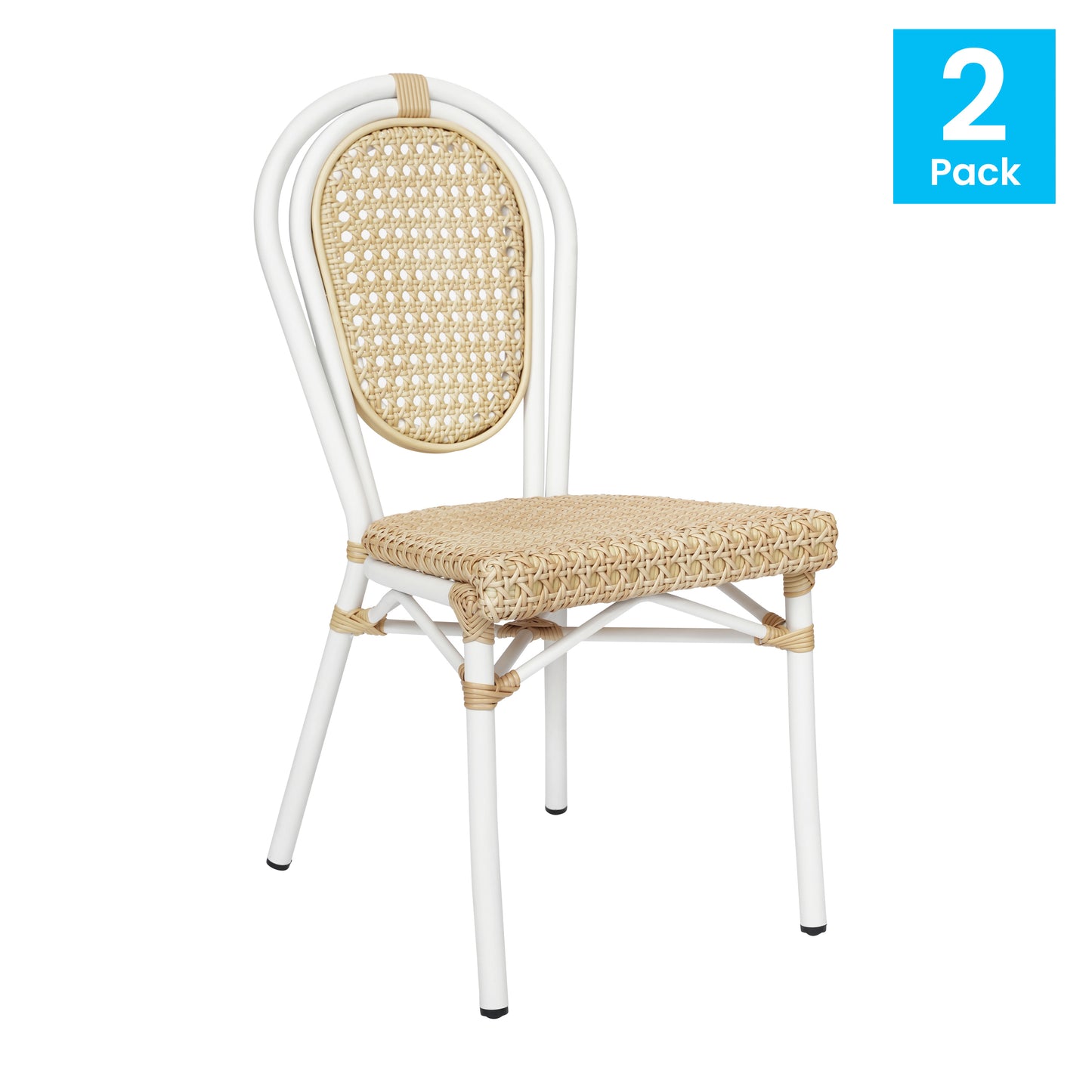 2 Pack Cannes Indoor/Outdoor Commercial Thonet Bistro Stacking Chair, Natural PE Cane Rattan and White Aluminum Frame Natural/White Frame 2-SDA-AD642110-1-NAT-WH-GG