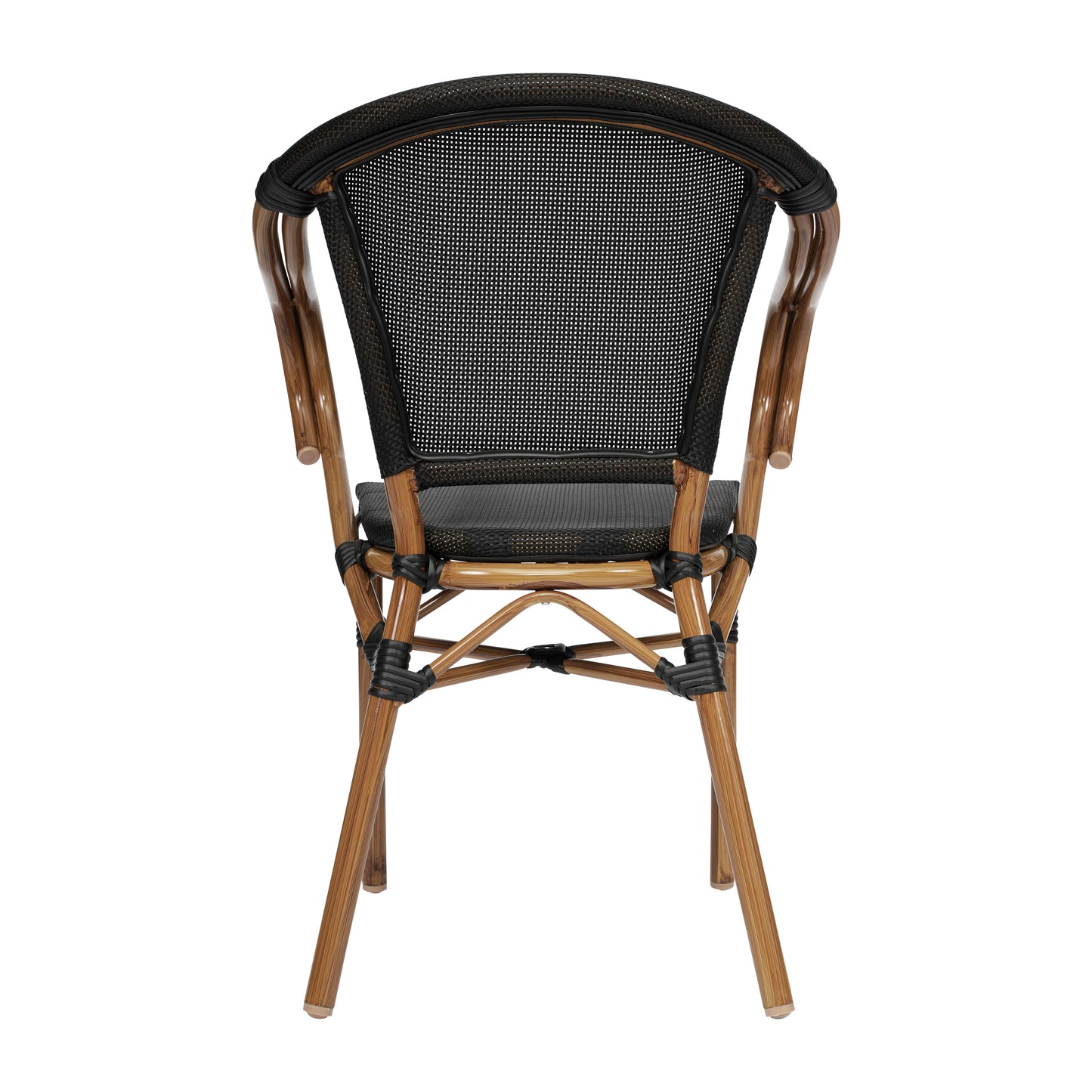 2 Pack Marseille Indoor/Outdoor Commercial Bistro Stacking Chair with Arms, Black Textilene and Bamboo Print Aluminum Frame in Natural Black/Natural Frame 2-SDA-ADS642108-BK-NAT-GG