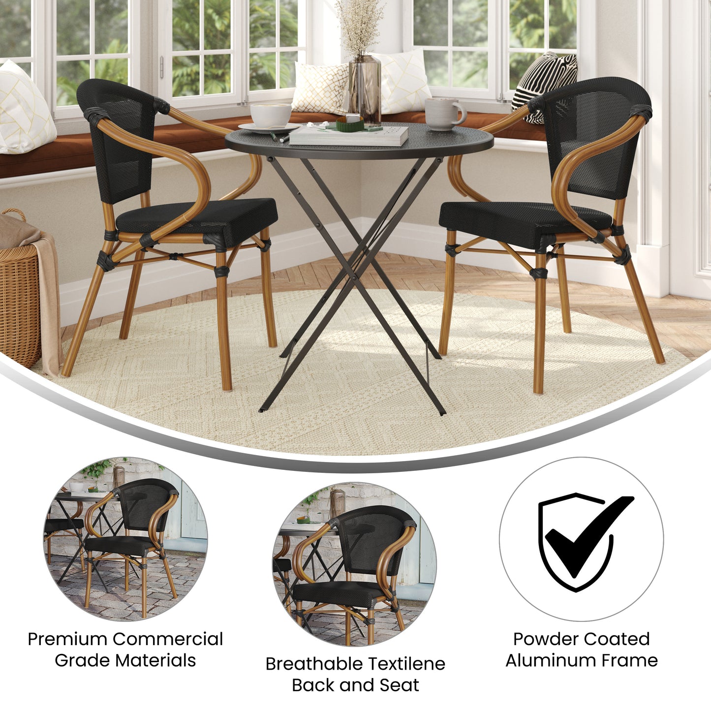 2 Pack Marseille Indoor/Outdoor Commercial Bistro Stacking Chair with Arms, Black Textilene and Bamboo Print Aluminum Frame in Natural Black/Natural Frame 2-SDA-ADS642108-BK-NAT-GG