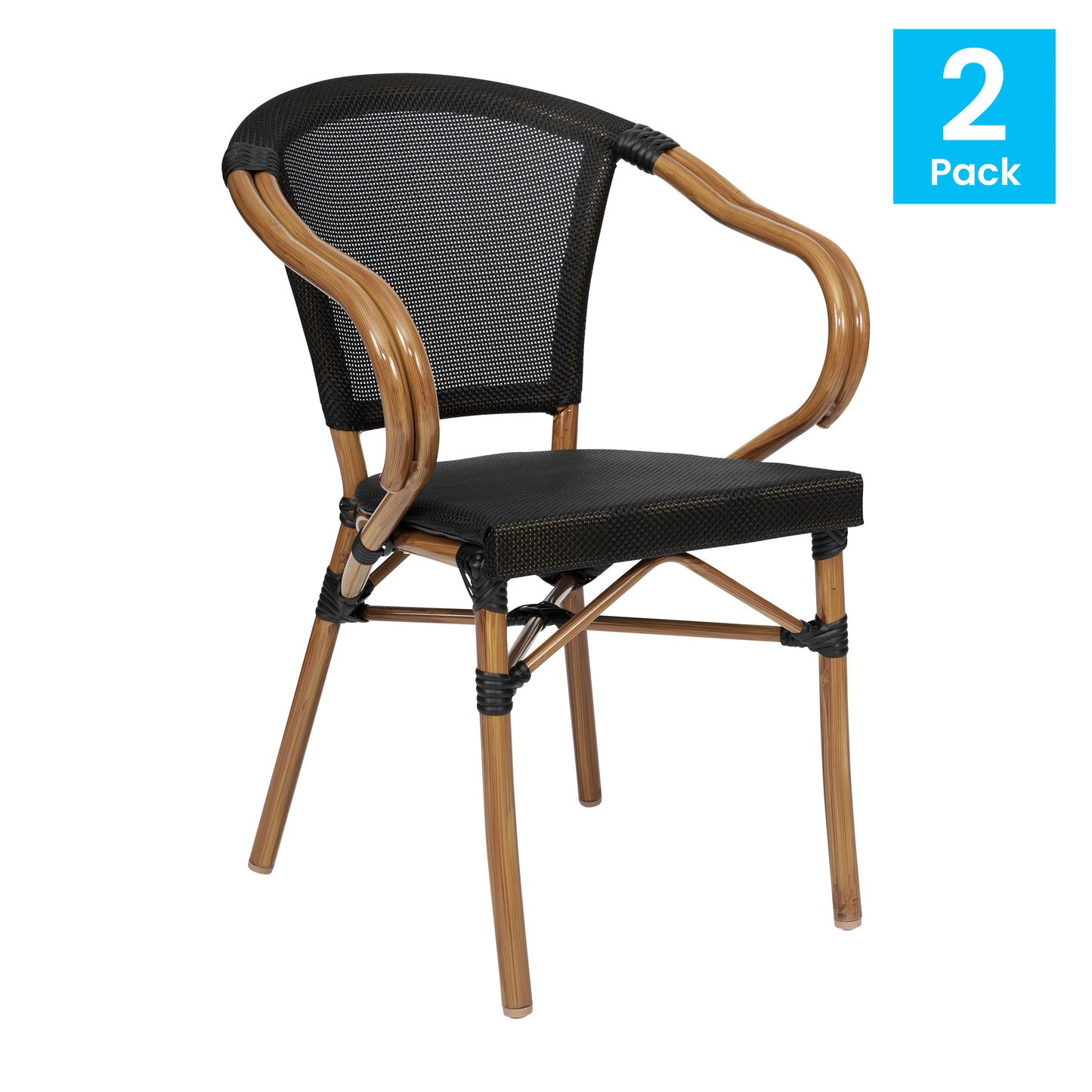 2 Pack Marseille Indoor/Outdoor Commercial Bistro Stacking Chair with Arms, Black Textilene and Bamboo Print Aluminum Frame in Natural Black/Natural Frame 2-SDA-ADS642108-BK-NAT-GG