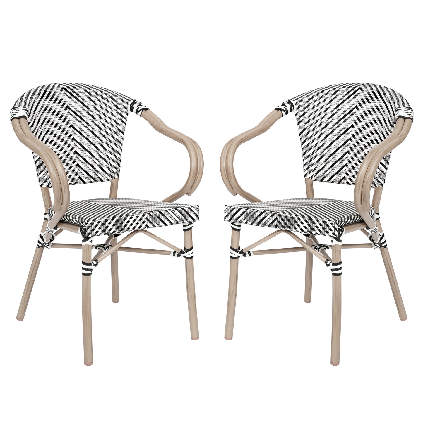 2 Pack Marseille Indoor/Outdoor Commercial Bistro Stacking Chair with Arms, Black/White Textilene and Bamboo Aluminum Frame in LT Natural Black & White/Light Natural Frame 2-SDA-ADS642108-BLKWH-LTNAT-GG