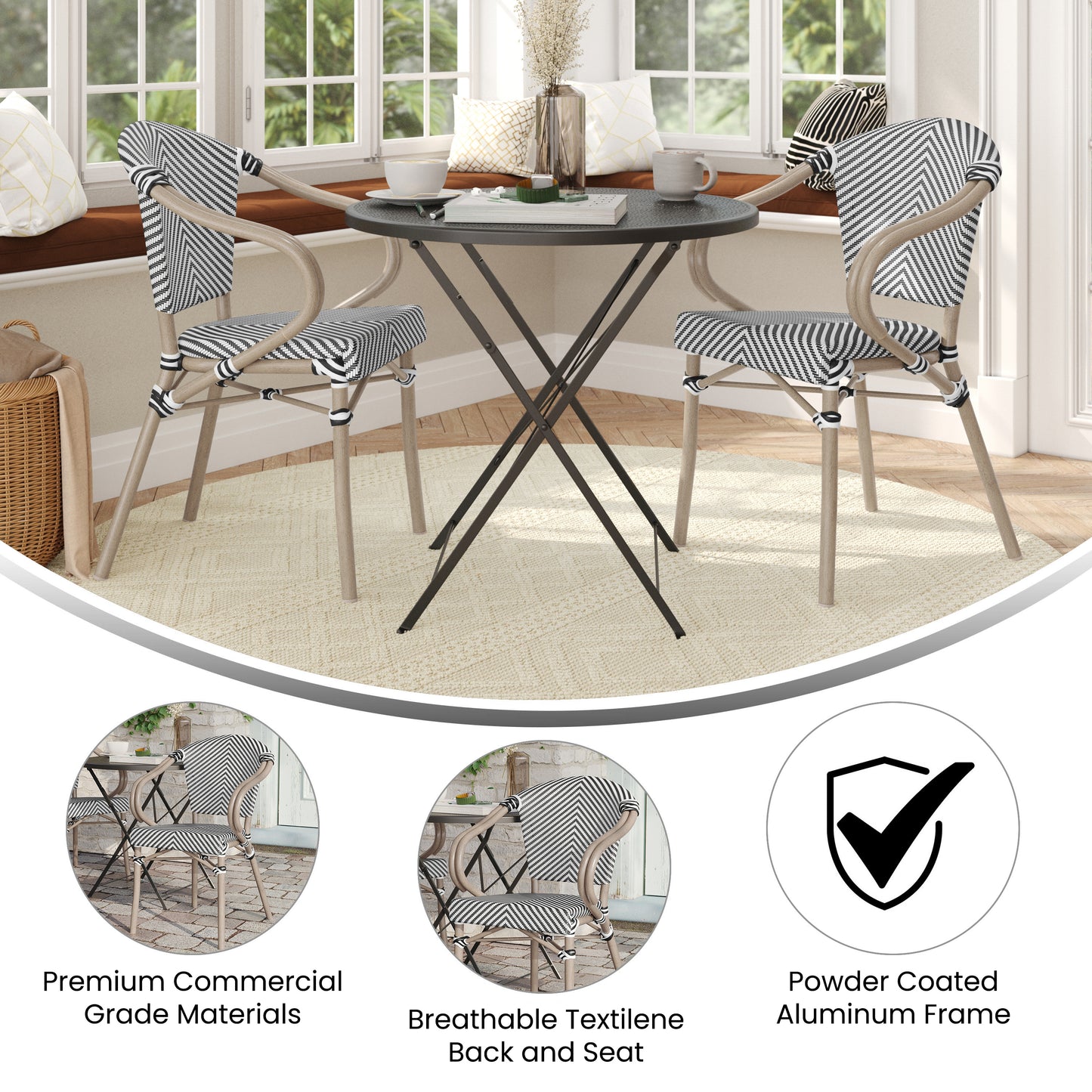 2 Pack Marseille Indoor/Outdoor Commercial Bistro Stacking Chair with Arms, Black/White Textilene and Bamboo Aluminum Frame in LT Natural Black & White/Light Natural Frame 2-SDA-ADS642108-BLKWH-LTNAT-GG