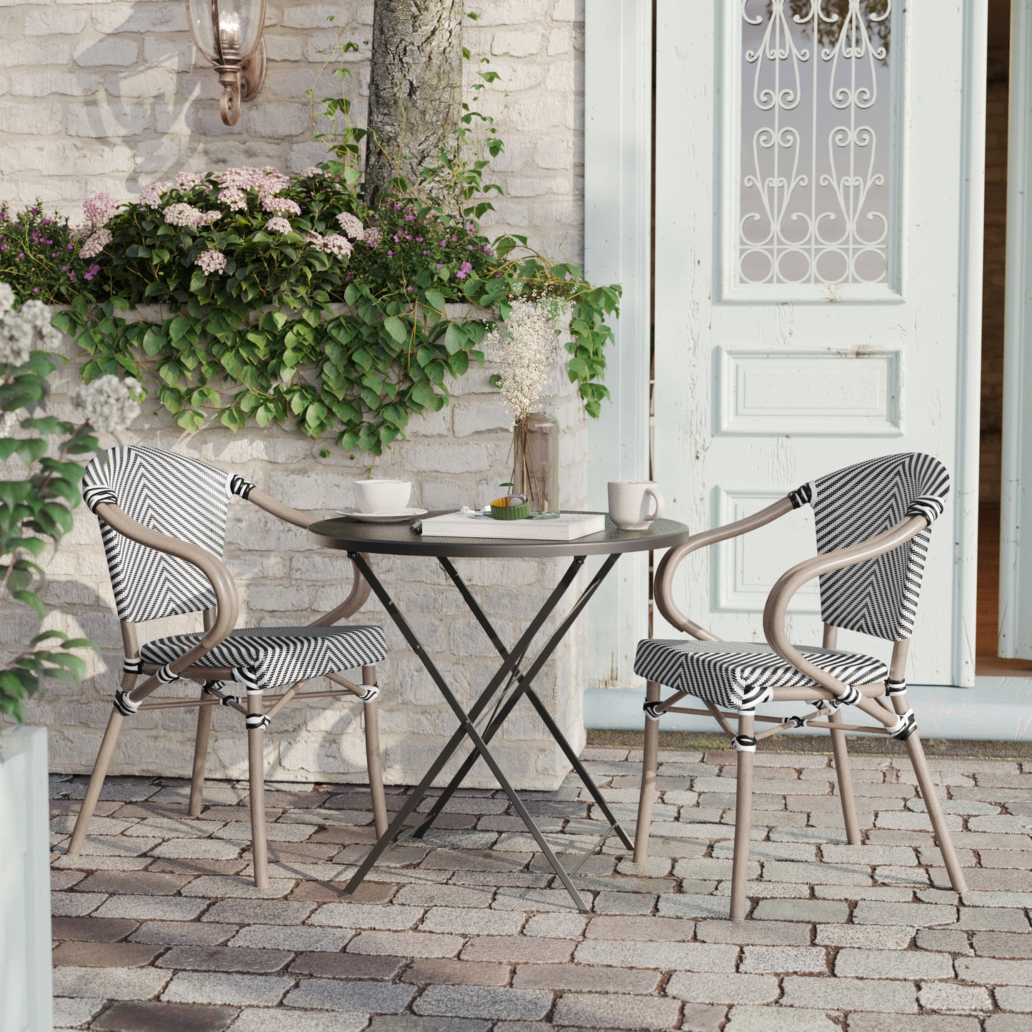 2 Pack Marseille Indoor/Outdoor Commercial Bistro Stacking Chair with Arms, Black/White Textilene and Bamboo Aluminum Frame in LT Natural Black & White/Light Natural Frame 2-SDA-ADS642108-BLKWH-LTNAT-GG