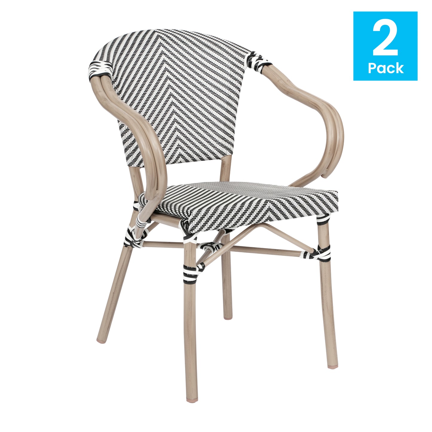 2 Pack Marseille Indoor/Outdoor Commercial Bistro Stacking Chair with Arms, Black/White Textilene and Bamboo Aluminum Frame in LT Natural Black & White/Light Natural Frame 2-SDA-ADS642108-BLKWH-LTNAT-GG