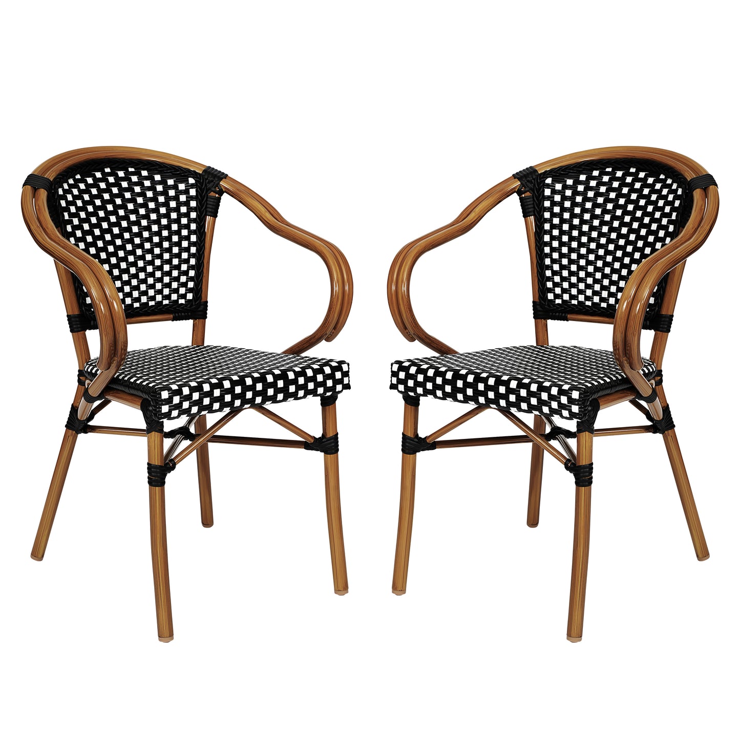 2 Pack Bordeaux Indoor/Outdoor Commercial Bistro Stacking Chair with Arms, Black and White PE Rattan and Bamboo Print Aluminum Frame in Natural Black & White/Natural Frame 2-SDA-ADS642142-BKWH-NAT-GG