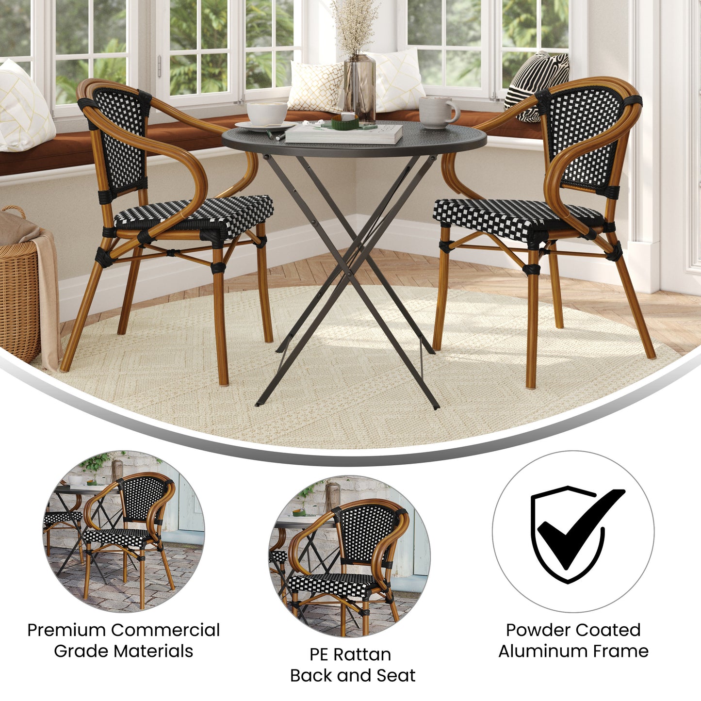 2 Pack Bordeaux Indoor/Outdoor Commercial Bistro Stacking Chair with Arms, Black and White PE Rattan and Bamboo Print Aluminum Frame in Natural Black & White/Natural Frame 2-SDA-ADS642142-BKWH-NAT-GG