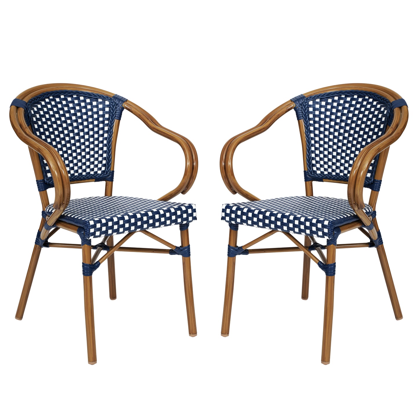 2 Pack Bordeaux Indoor/Outdoor Commercial Bistro Stacking Chair with Arms, Navy and White PE Rattan and Bamboo Print Aluminum Frame in Natural Navy & White/Natural Frame 2-SDA-ADS642142-NVYWH-NAT-GG
