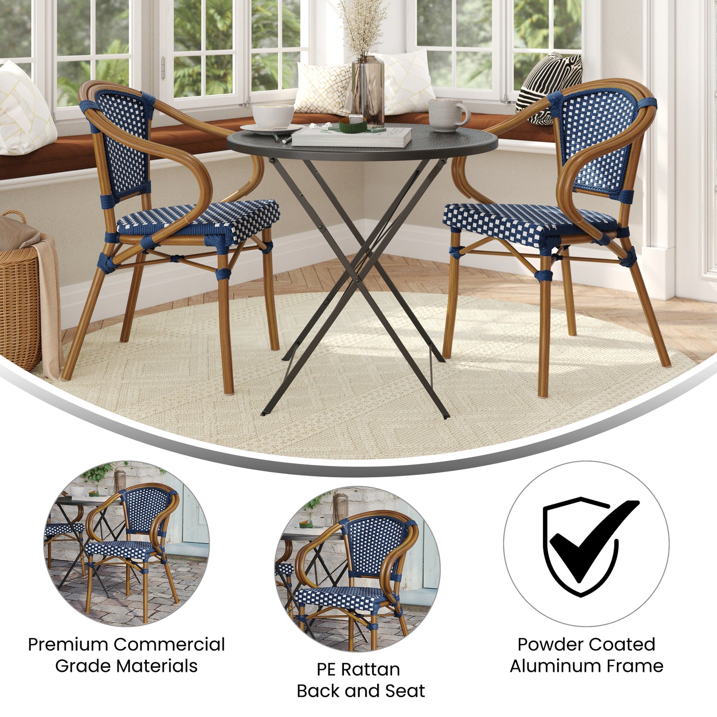 2 Pack Bordeaux Indoor/Outdoor Commercial Bistro Stacking Chair with Arms, Navy and White PE Rattan and Bamboo Print Aluminum Frame in Natural Navy & White/Natural Frame 2-SDA-ADS642142-NVYWH-NAT-GG