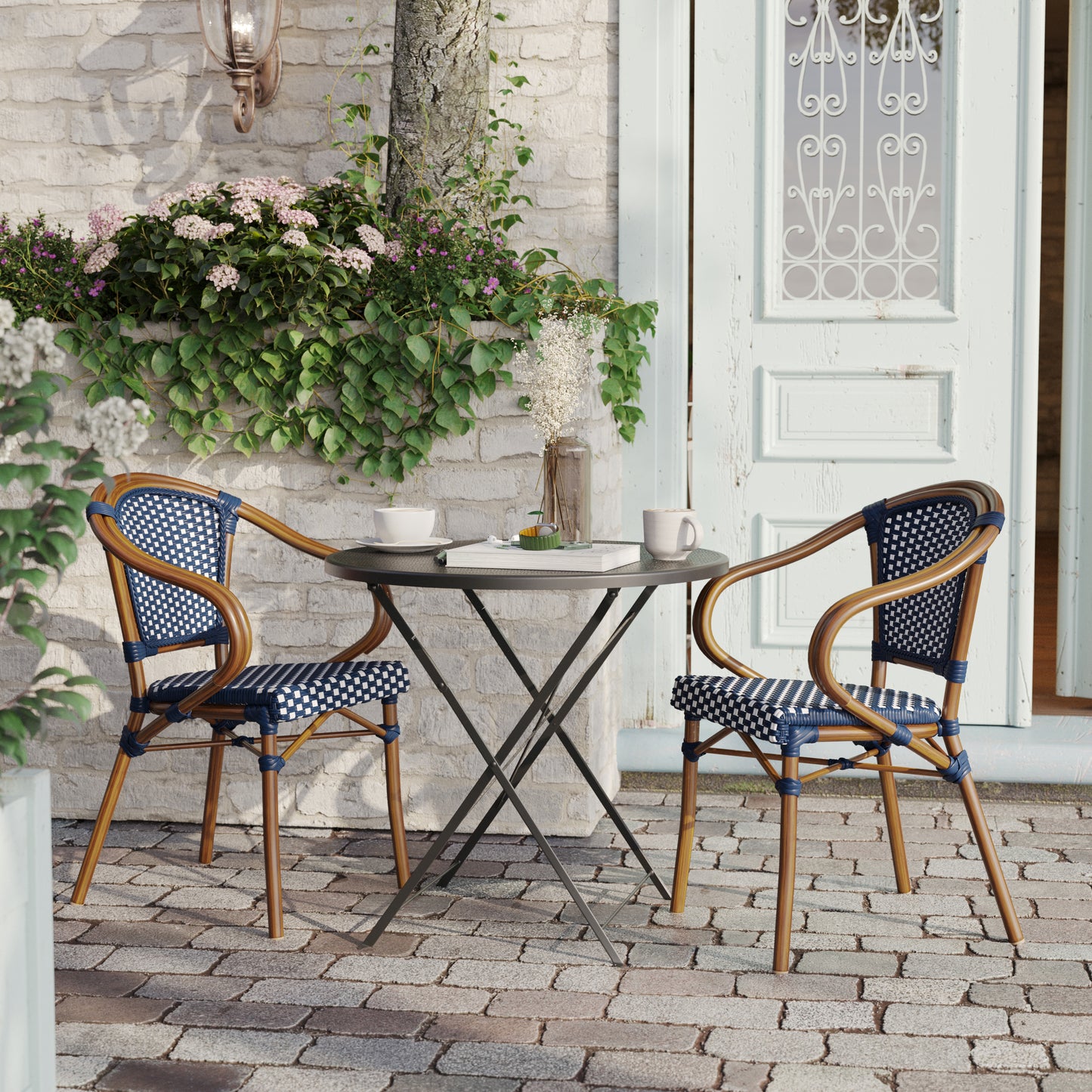 2 Pack Bordeaux Indoor/Outdoor Commercial Bistro Stacking Chair with Arms, Navy and White PE Rattan and Bamboo Print Aluminum Frame in Natural Navy & White/Natural Frame 2-SDA-ADS642142-NVYWH-NAT-GG