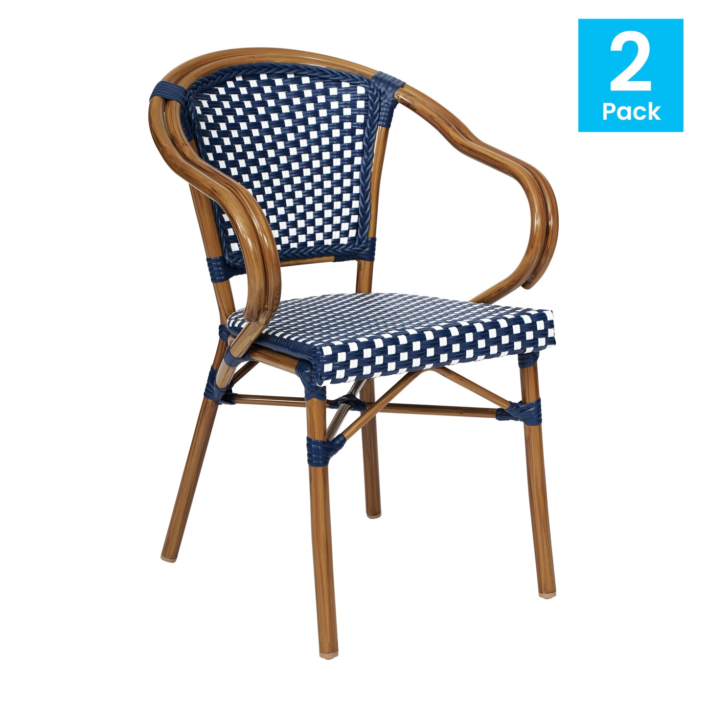 2 Pack Bordeaux Indoor/Outdoor Commercial Bistro Stacking Chair with Arms, Navy and White PE Rattan and Bamboo Print Aluminum Frame in Natural Navy & White/Natural Frame 2-SDA-ADS642142-NVYWH-NAT-GG