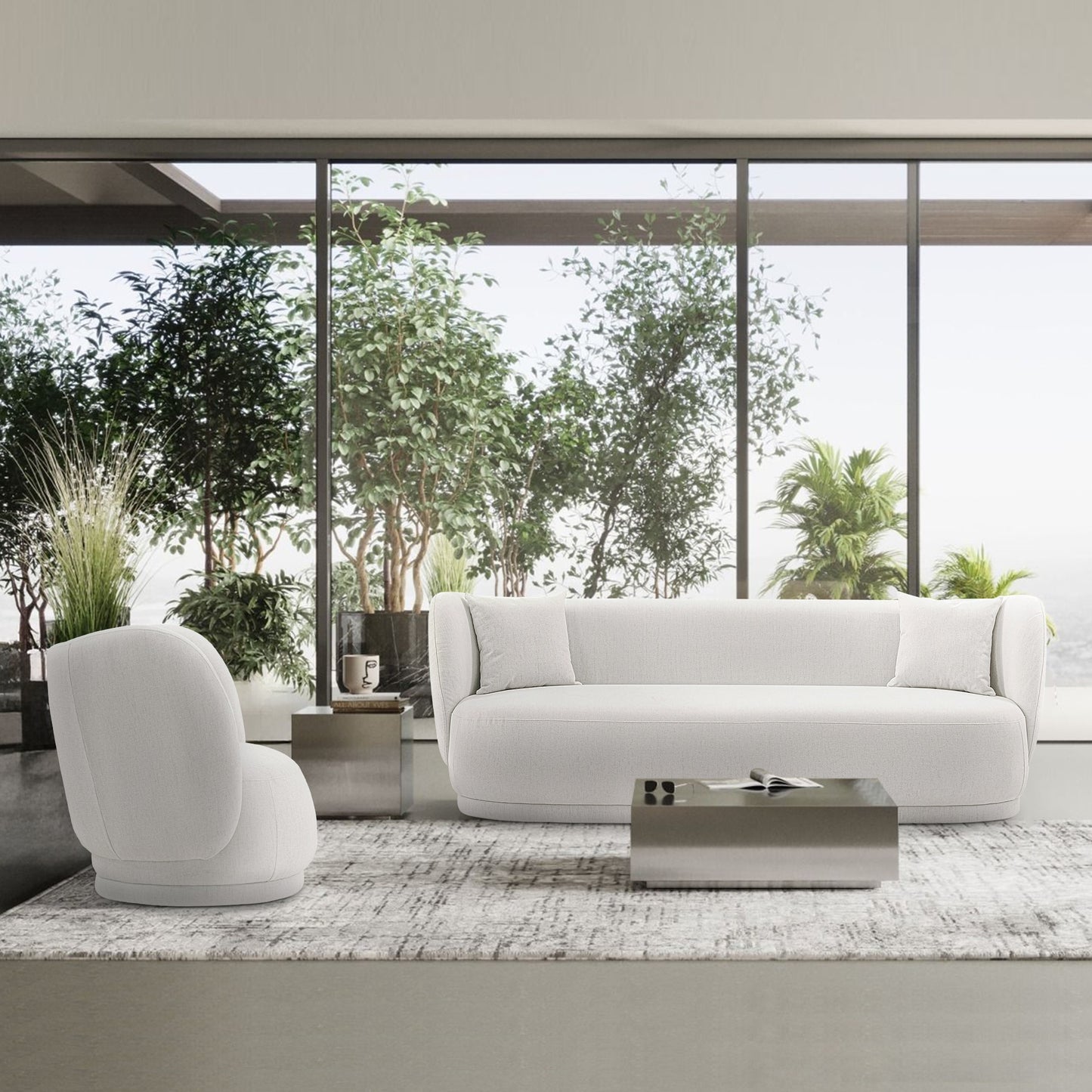 Manhattan Comfort Contemporary Siri Sofa and Accent Chair Set with Pillows in Cream 2-SFAC5710-CR