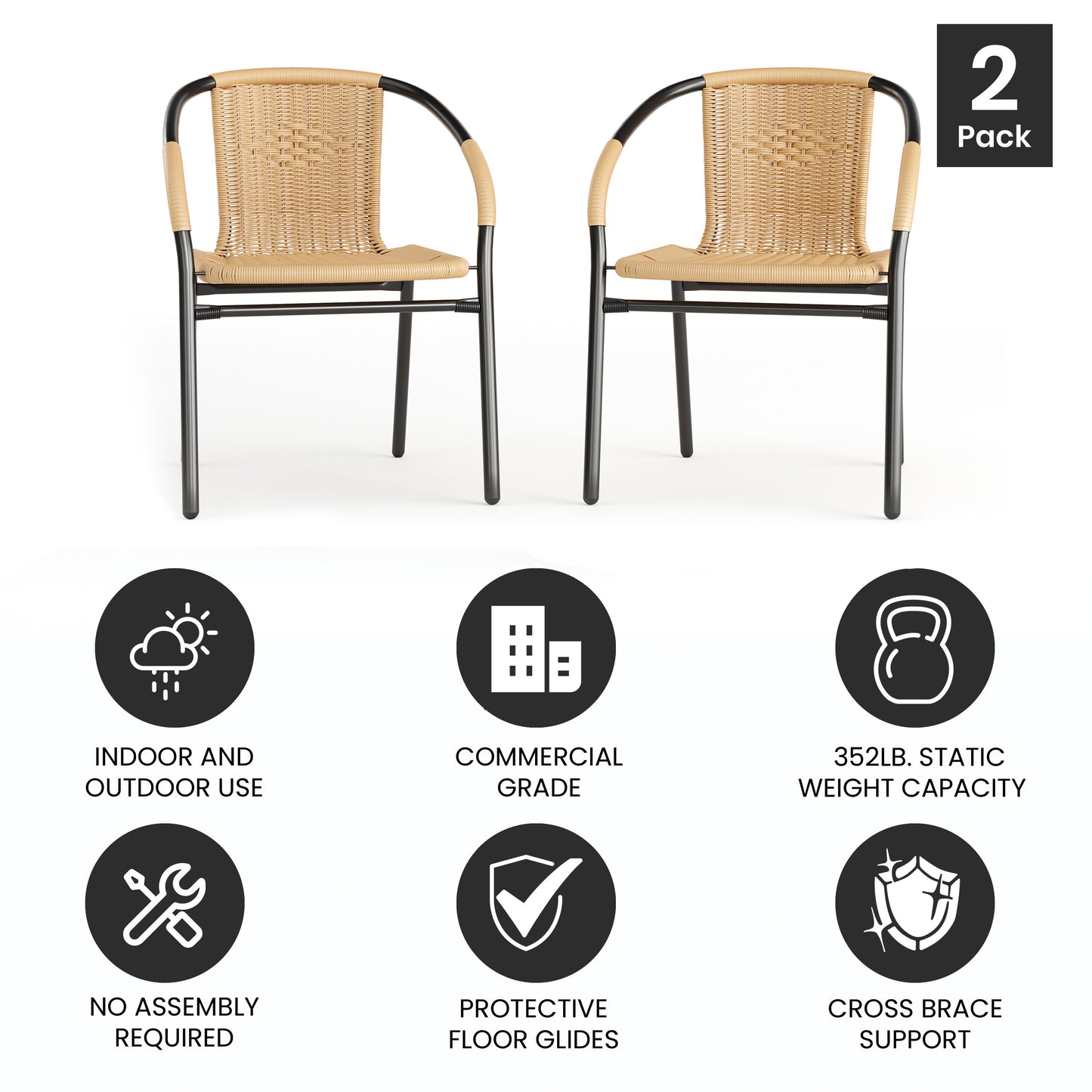 Lila Set of 2 Commercial Grade Beige Rattan Indoor-Outdoor Restaurant Stack Chairs Beige 2-TLH-037-BGE-GG