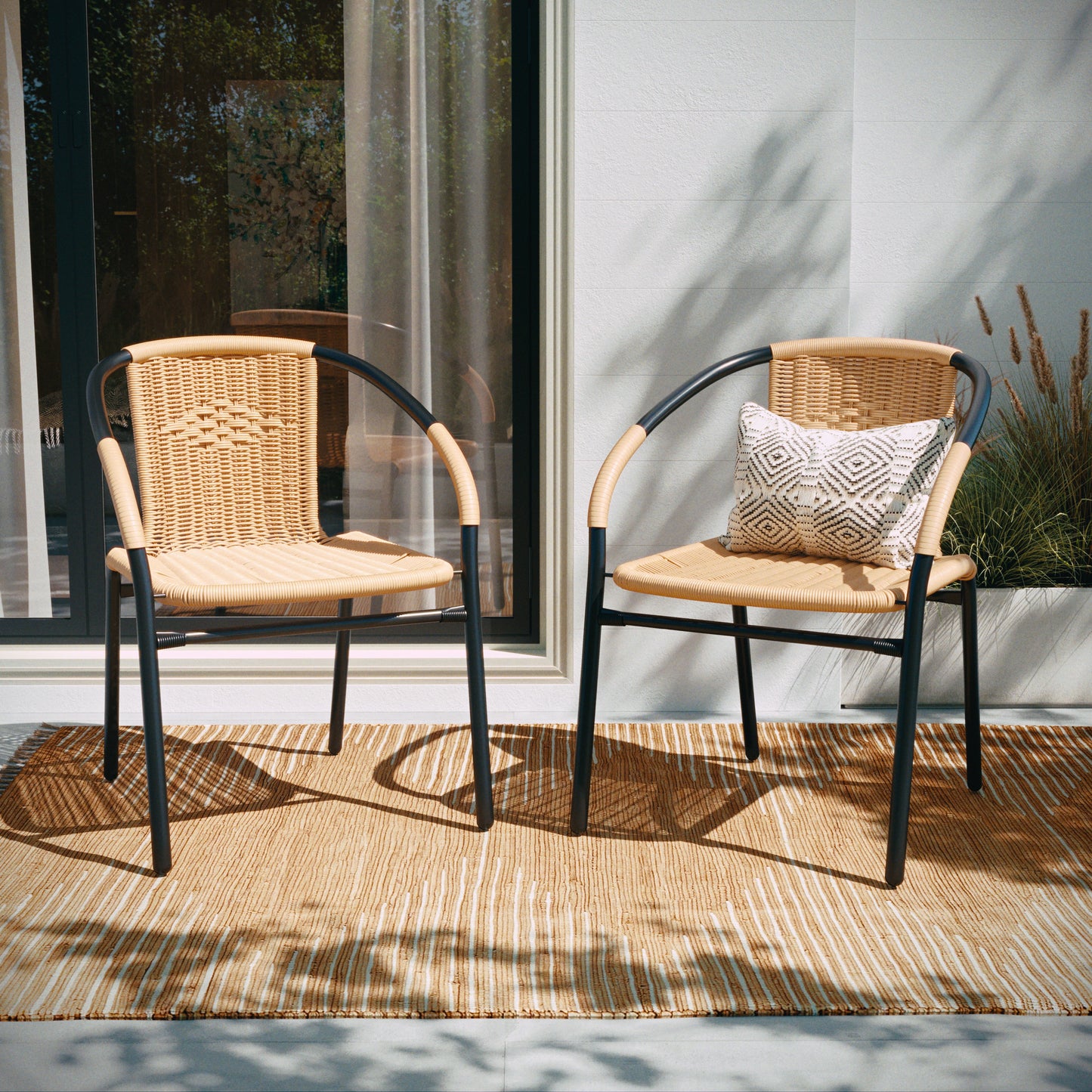 Lila Set of 2 Commercial Grade Beige Rattan Indoor-Outdoor Restaurant Stack Chairs Beige 2-TLH-037-BGE-GG