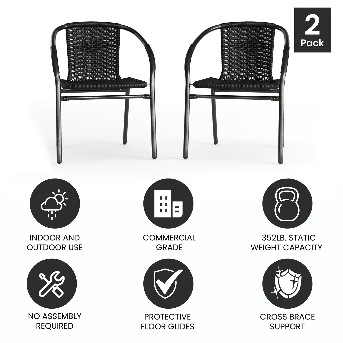 Lila Set of 2 Commercial Grade Black Rattan Indoor-Outdoor Restaurant Stack Chairs Black